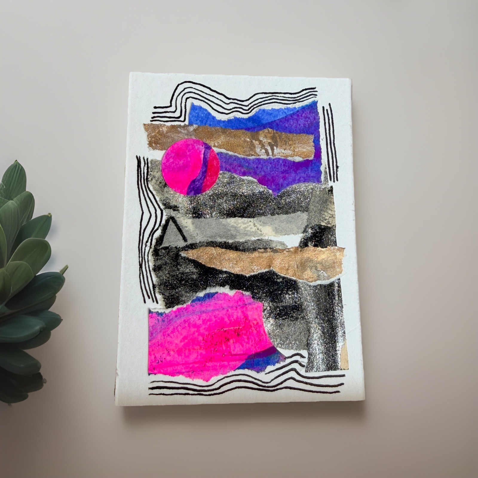 Original ACEO Mixed Media Collage Abstract Landscape Red Sun Handmade Card no. 7