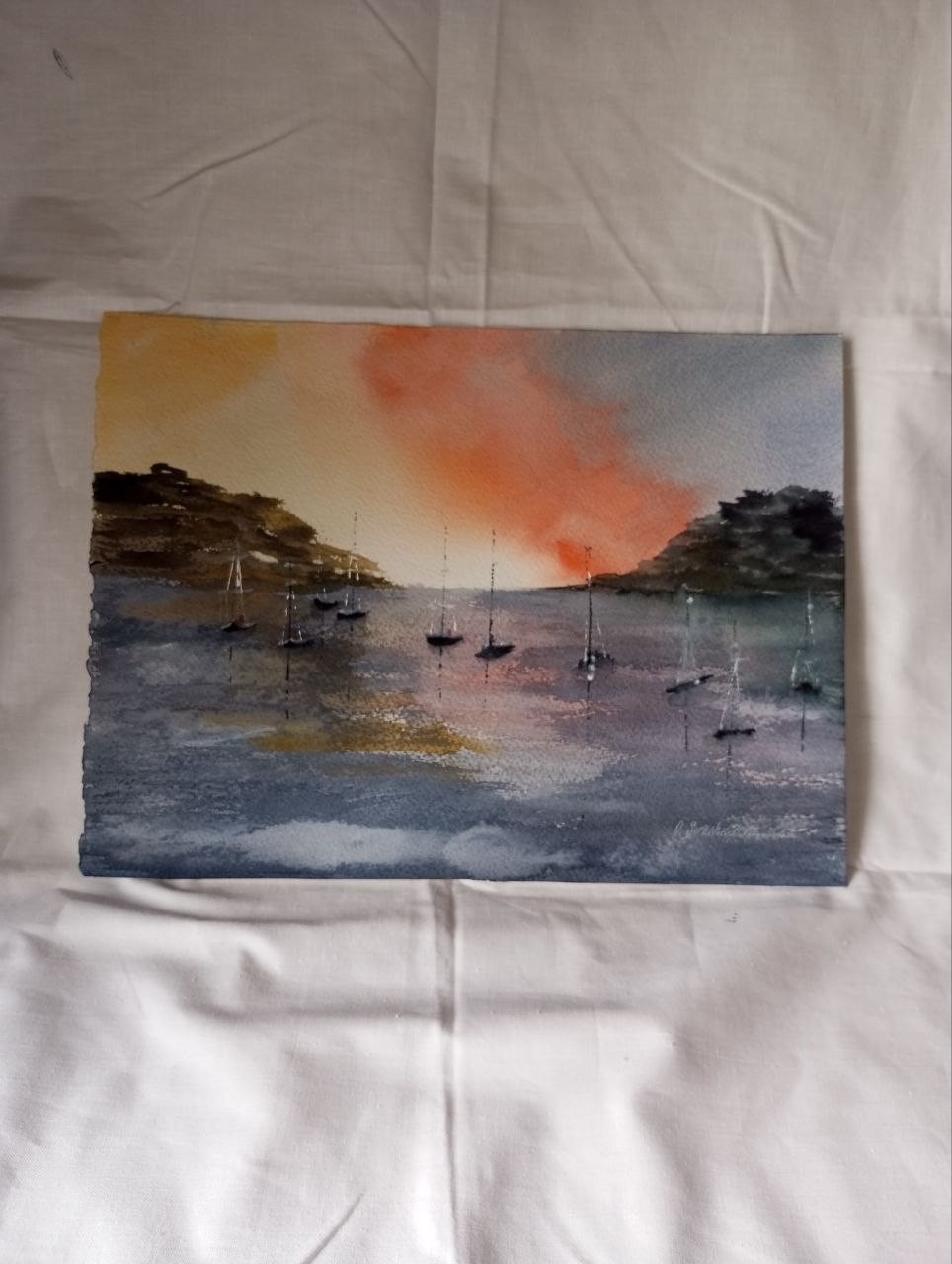 paintinwatercolor seascape quiet harbor sea sailboats beautiful sky sunrisegift