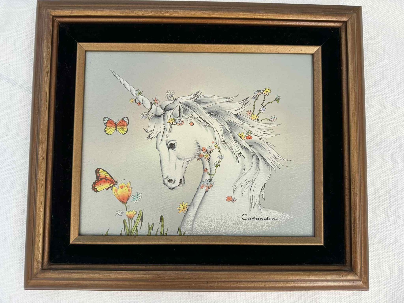 Vintage 80s 8×10 Oil Painting Casandra Unicorn Flowers Butterfly Framed Velvet