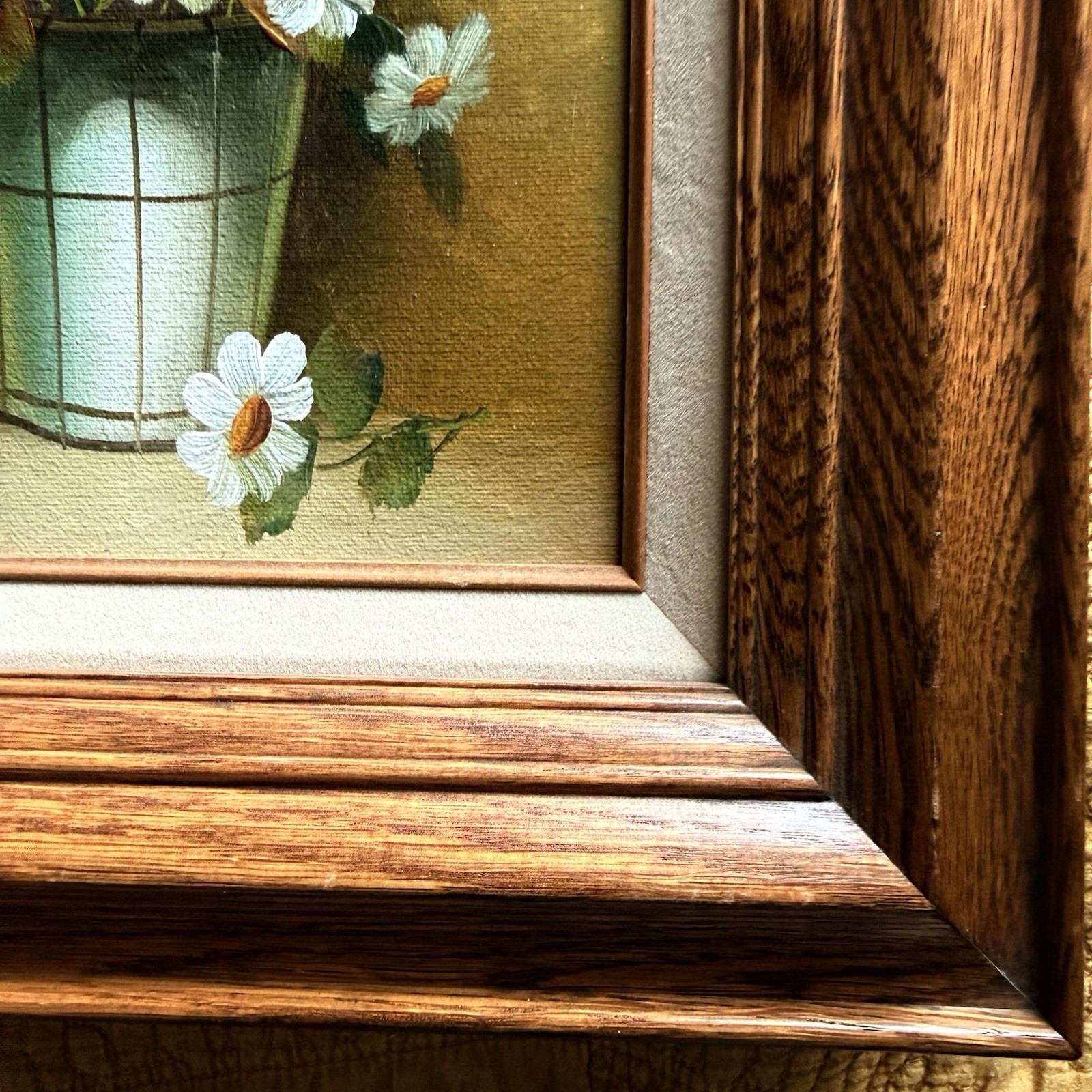 Vtg Wood Framed Painting With Linen Liner White Daisies In Basket Signed 13”x15”