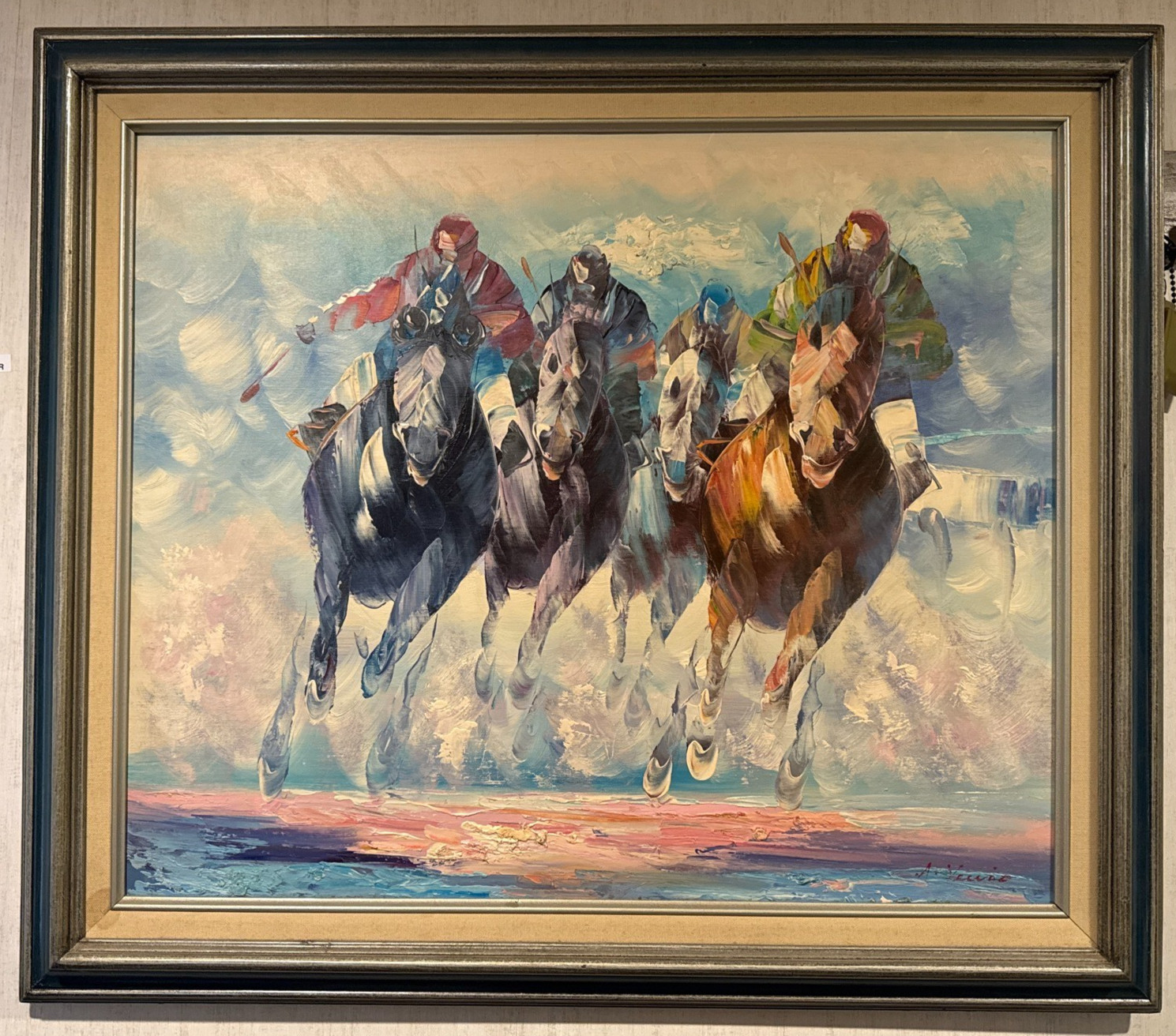 Anthony Veccio Original Oil Painting Horse Racing Jockeys 20×24 Framed Free Ship