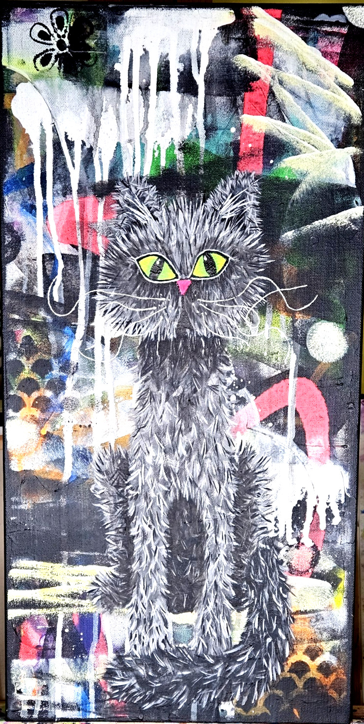 Original abstract acrylic painting of a dark cat on a dark abstract background.