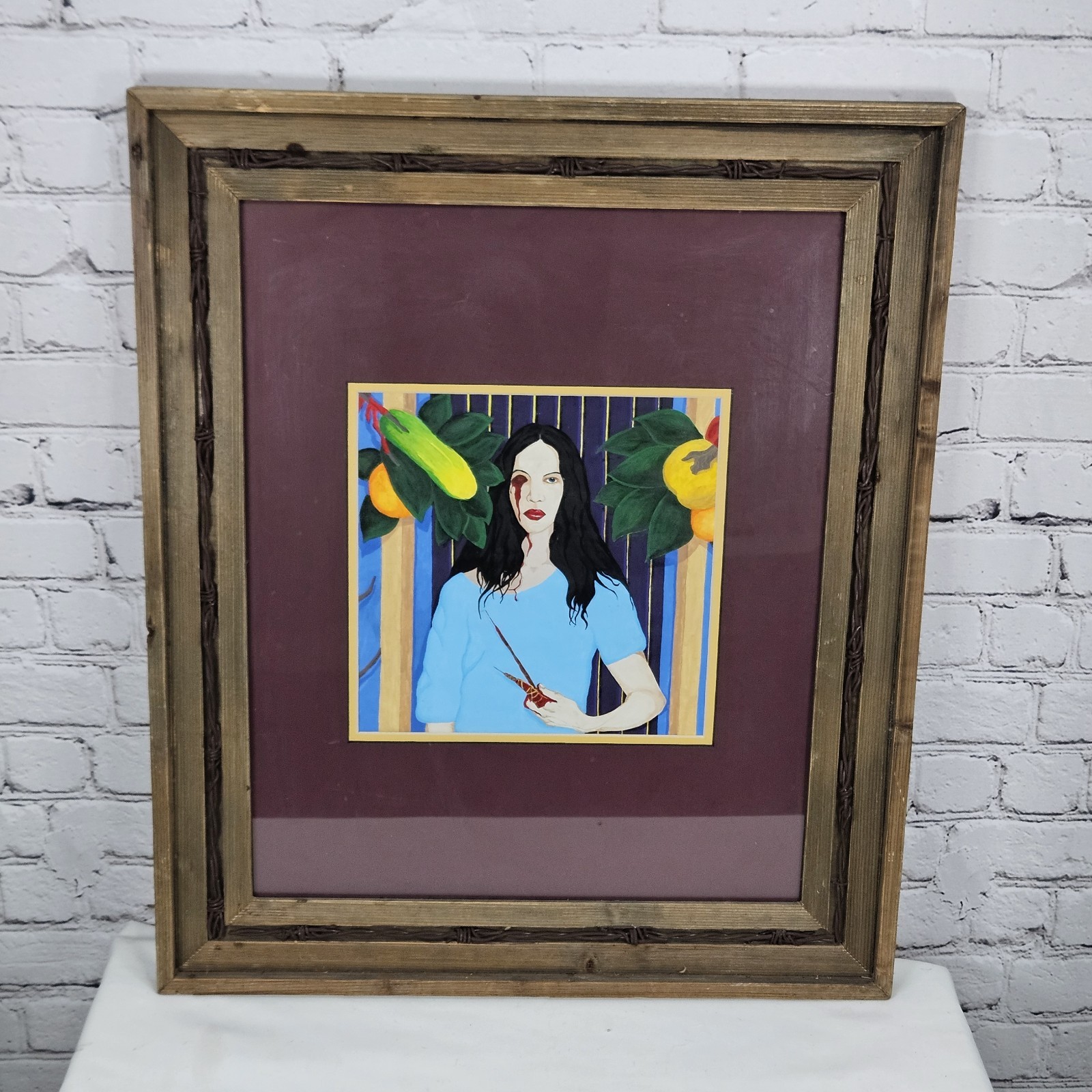 Original Painting Woman Blood Tropical Fruits Wood Barbed Wire Framed Art 24×20