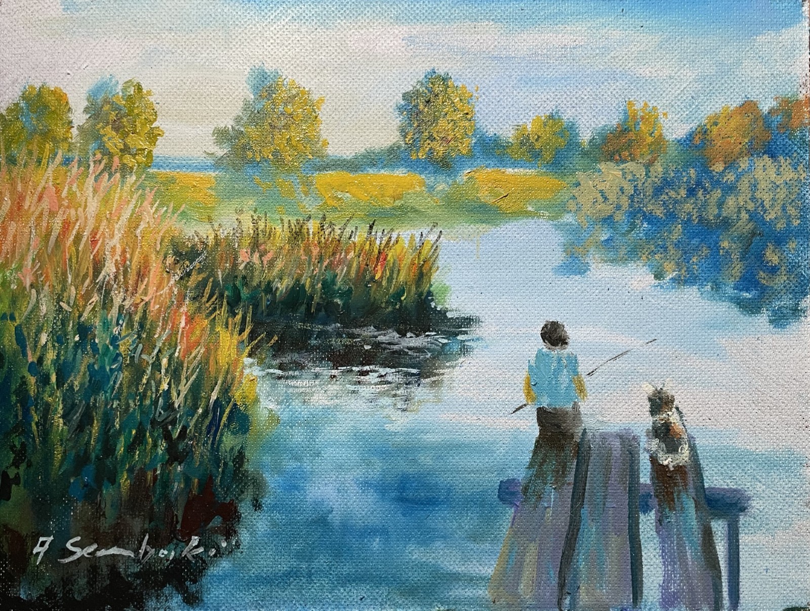 Original Oil Painting River Landscape Fisherman Dock Impressionist Art 12×16