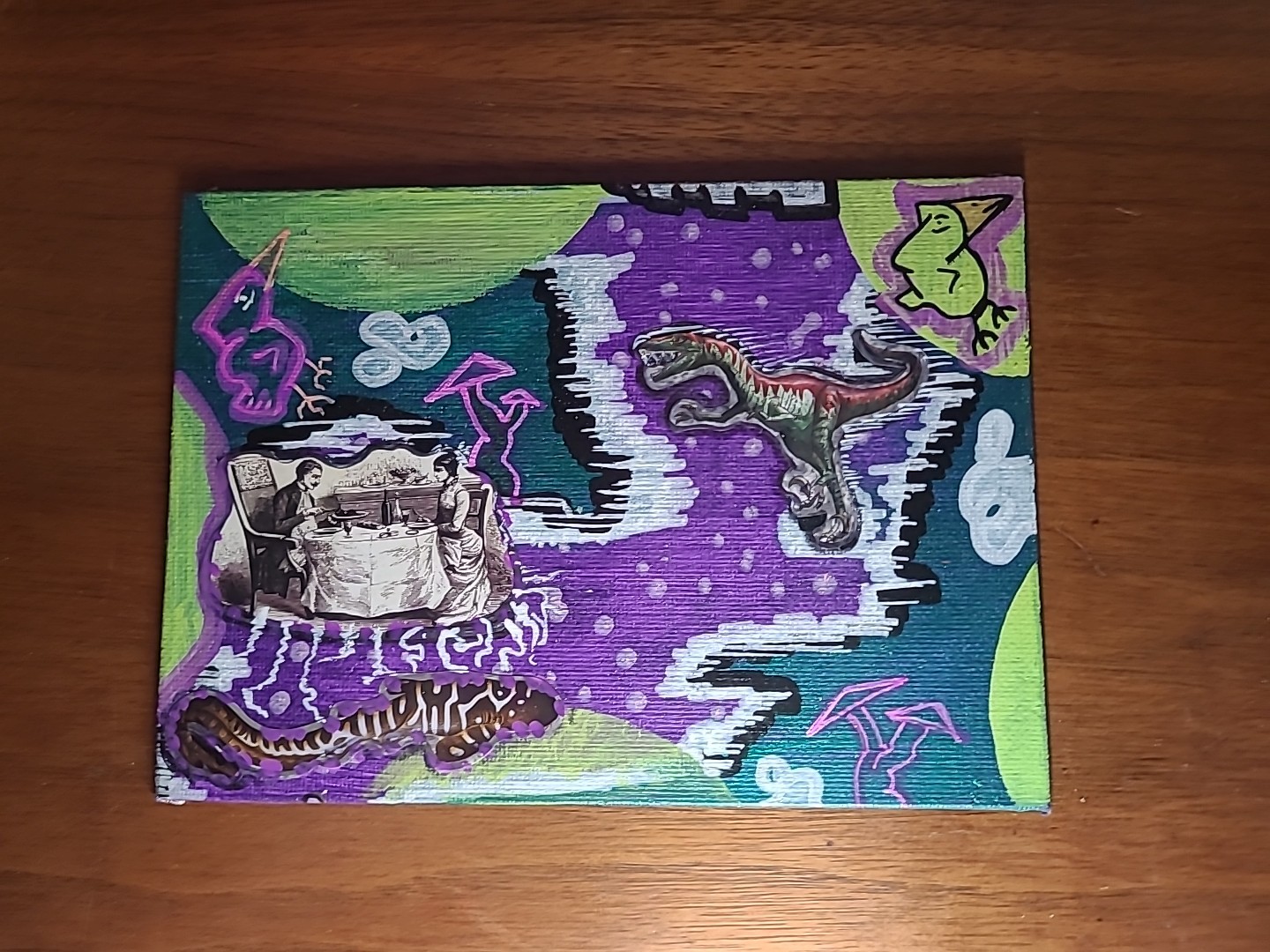 Original Painting Bad Dinner Trip Mushrooms Dinosaur Eat Food Eels Cartoon Birds
