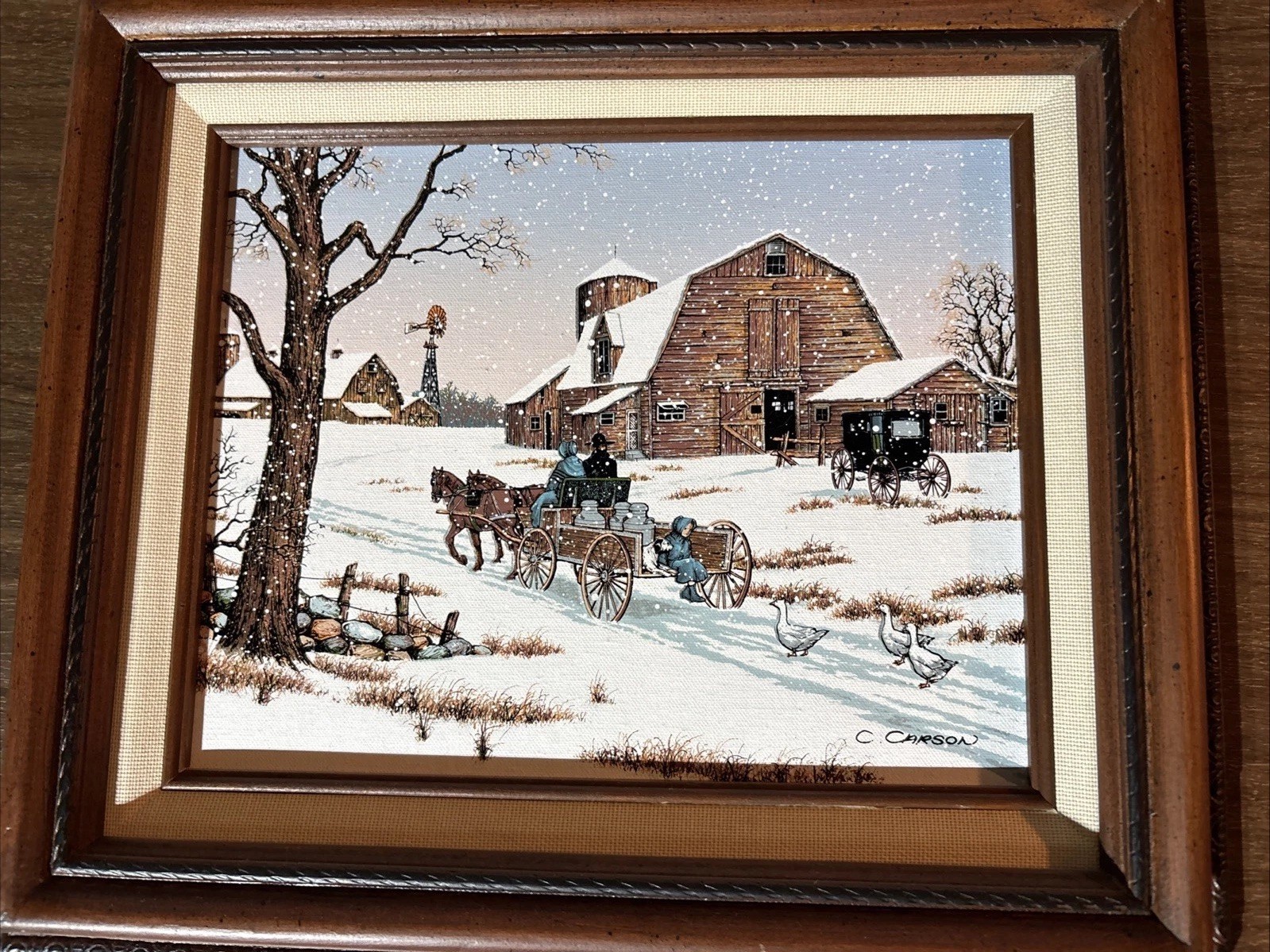 ***Framed – C. CARSON Oil Paint Country Amish Winter Scene 12×14***
