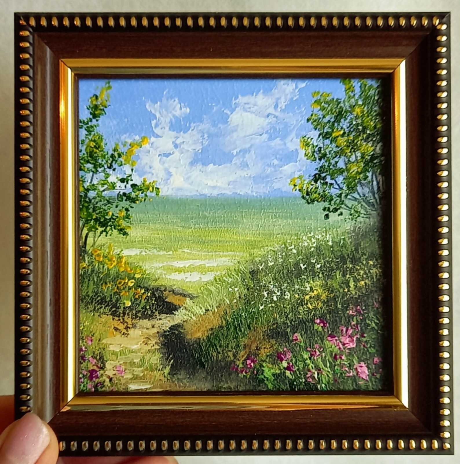 Orignal Oil Painting Landscape Seashore Summer Road Flowers Wall Art 4 x 4 in