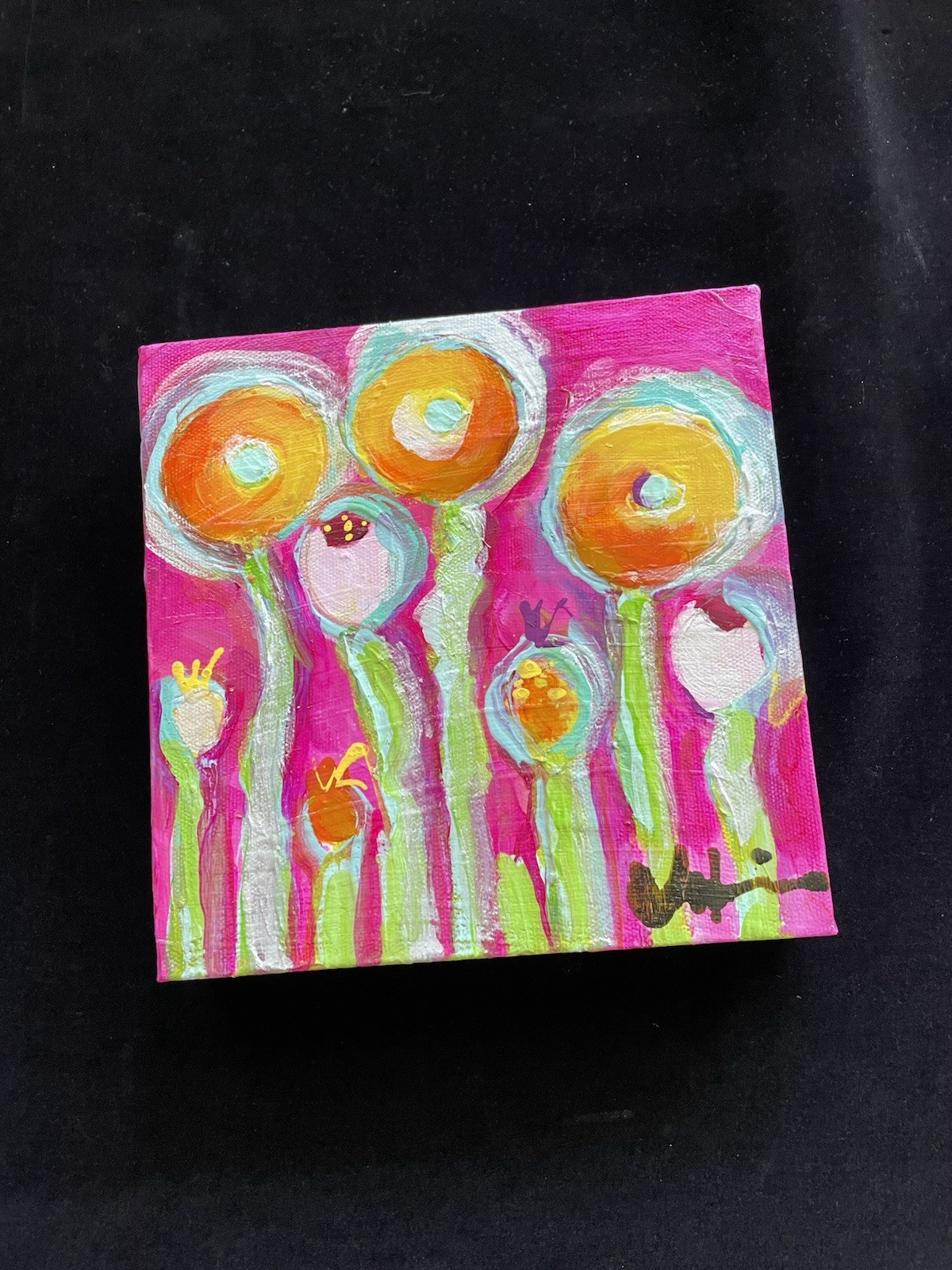 Poppies On Fuscia “ AnOriginal Acrylic Painting 8”x8”x1.5”On Canvas.
