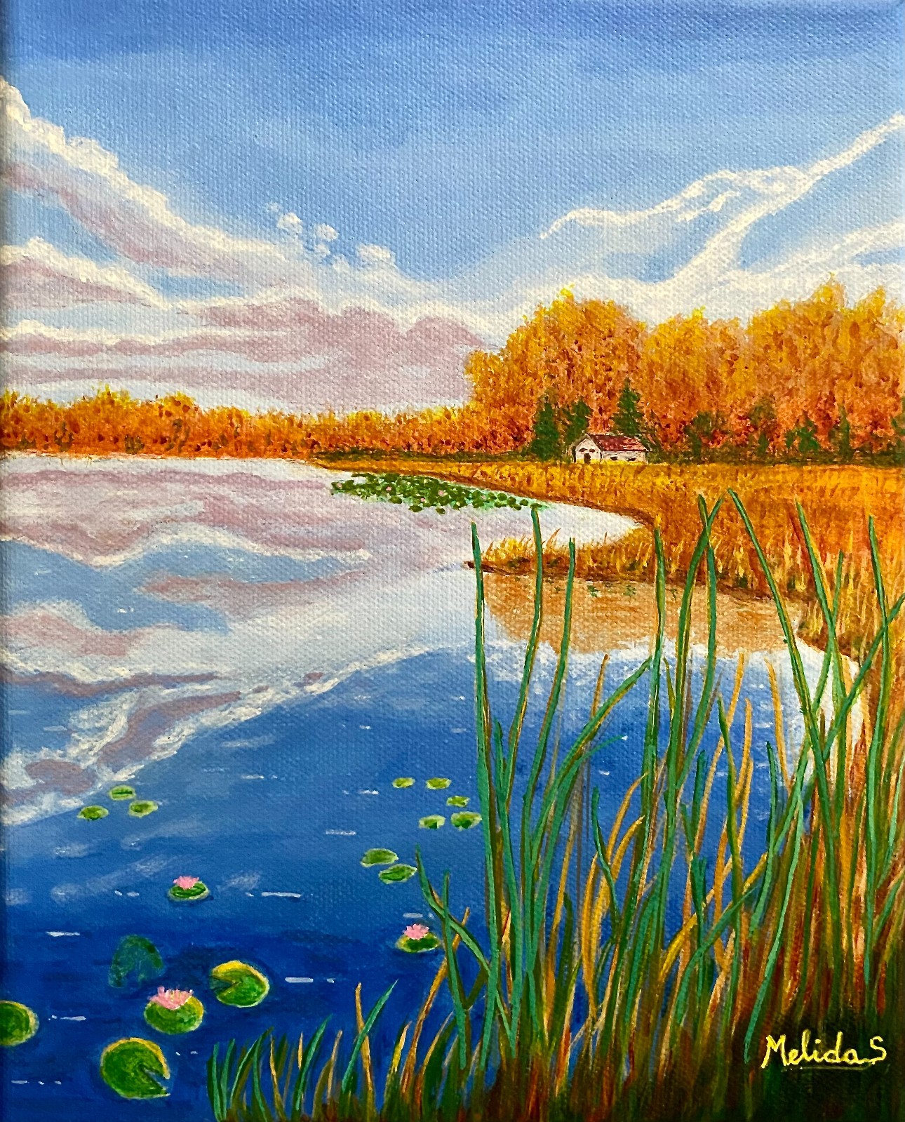Lake ORIGINAL Painting, Sky Reflections, Lake Reflections Water Lilies Art 8×10
