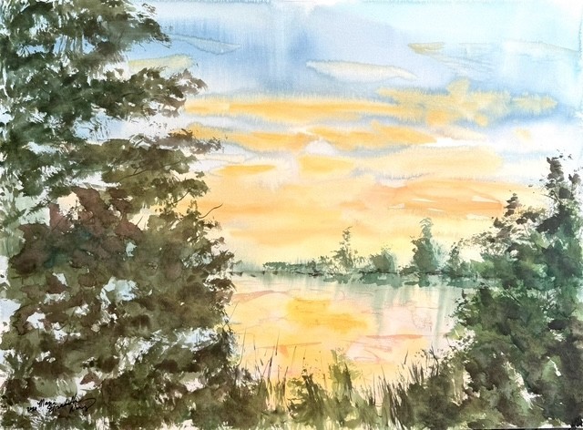 Maria Art SUNSET LAKE 22 x 30 WATERCOLOR 140LB Landscape Abstract Original Decor