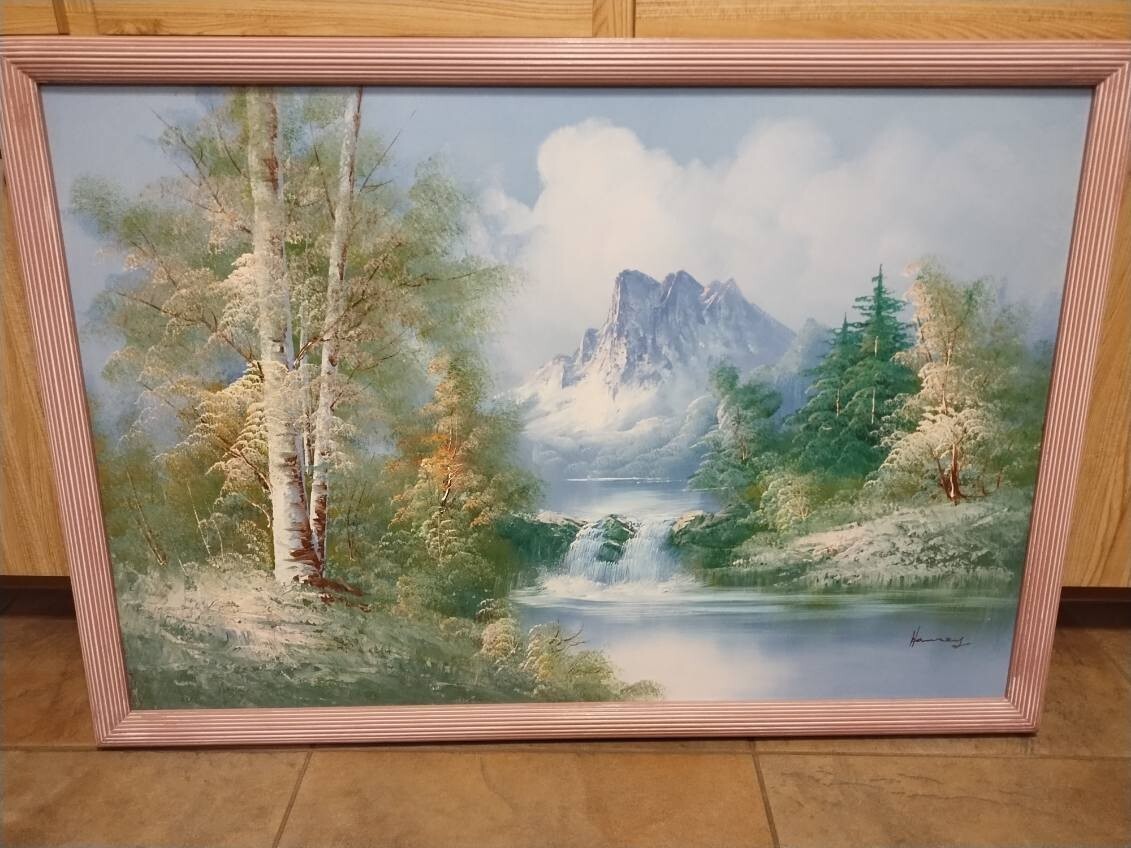 VTG Large Hanrey Landscape Oil Painting Misty Mountain Waterfall Lake