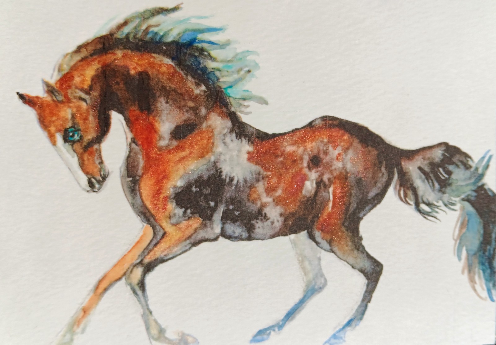 Horse running Art Original painting.Signed watercolor, equestrian art 6×4″