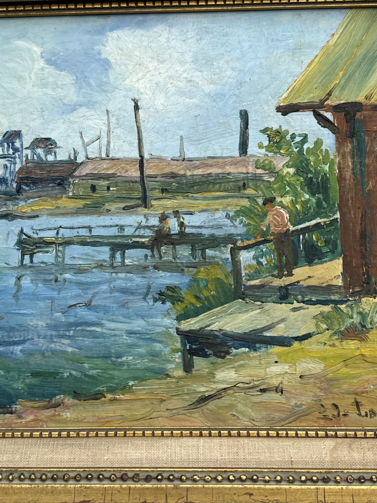 ANTIQUE PAINTING IMPRESSIONISM REGIONALISM MARINA NAUTICAL PORT BOAT DOCK OLD