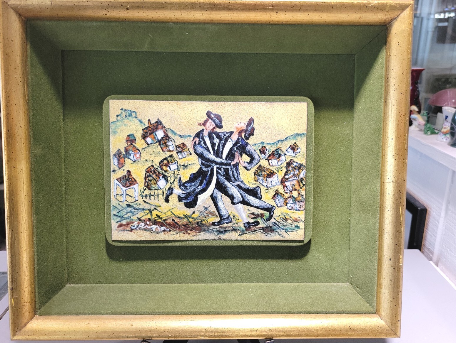 Vintage Enamel On Copper Painting Two Rabbi’s Dancing Signed Spina Judaica