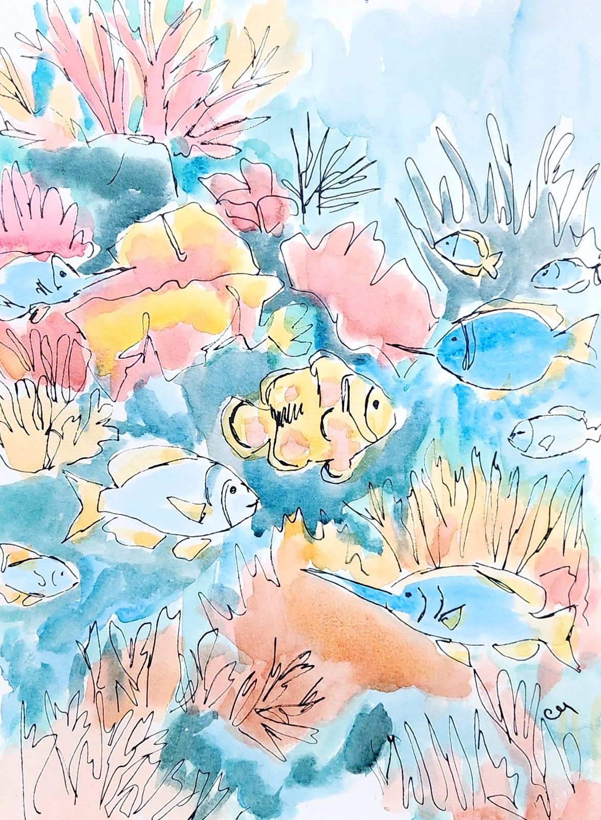 Original Underwater Scene 9×12 Fish Painting Watercolor Blue Wall Art Paper
