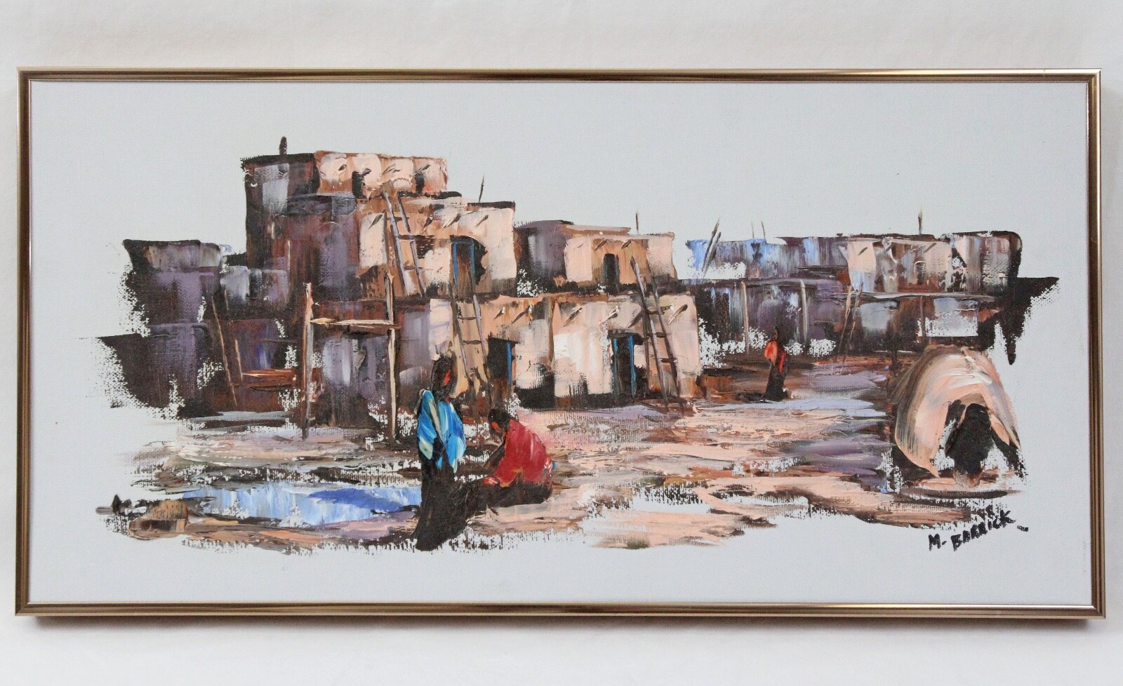 Monna Barrick 20×10 Oil Painting Western Native American Adobe Homes & People