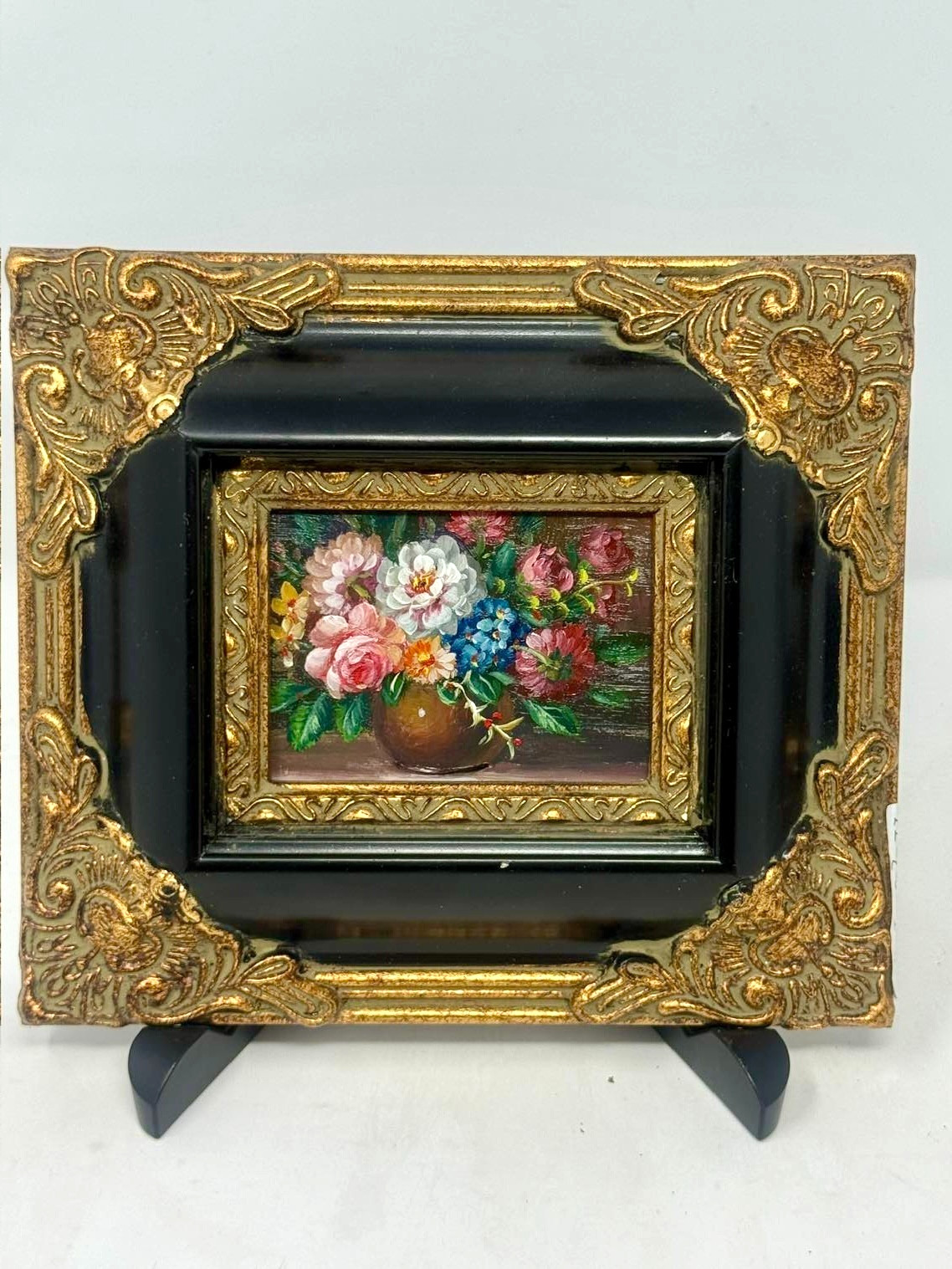 Vintage Mini Floral Still Life Painting Ornate Black Gold Frame 8×7