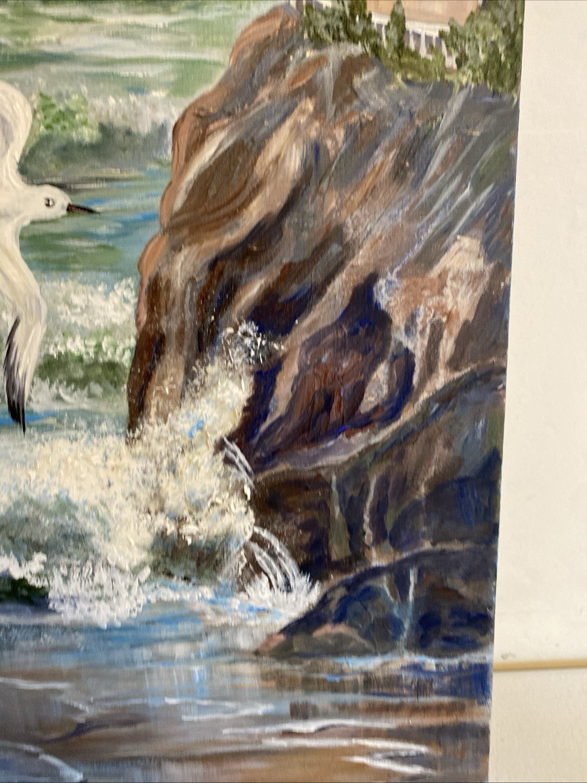 Seascape Lighthouse Acrylic Painting Signed WEBB Waves Crashing Rock Seagulls