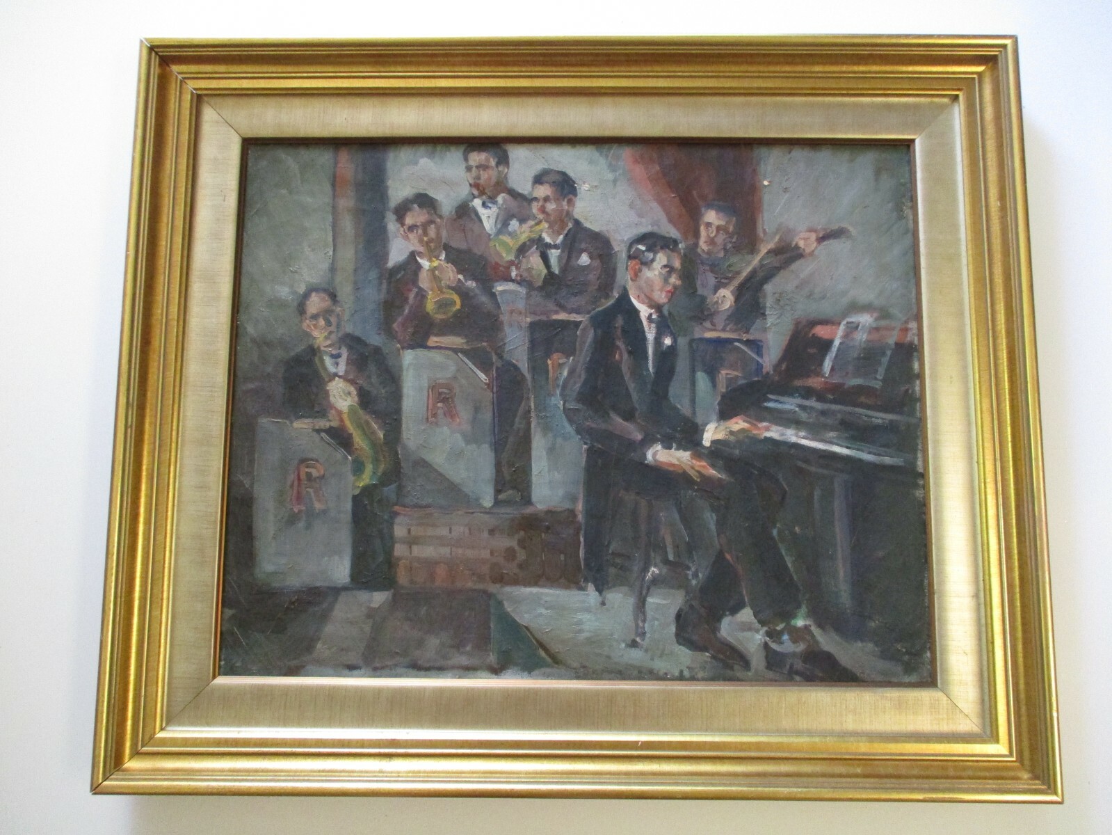 ANTIQUE PORTRAIT PAINTING WPA ERA MUSICIAN BAND BAR CLUB AMERICAN REGIONALISM