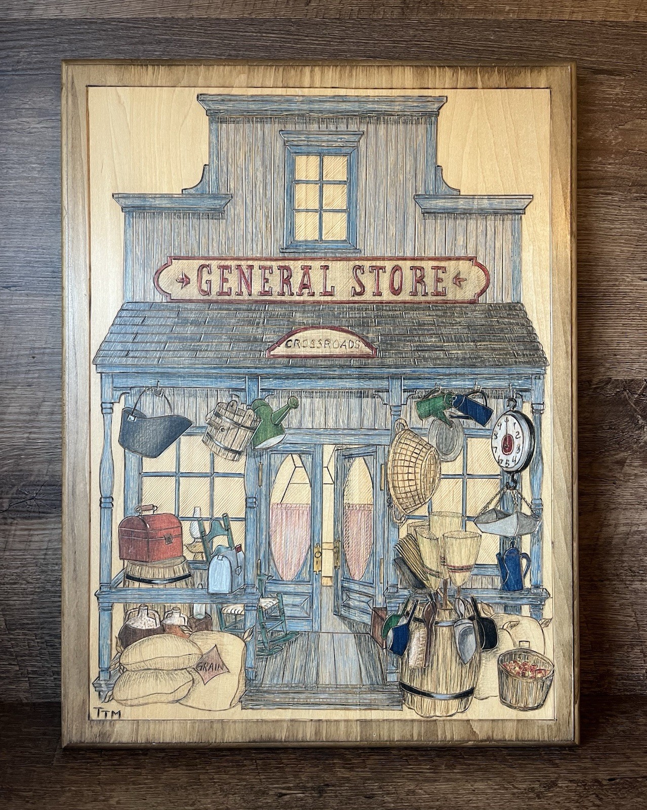 Pyrography Country General Store Wood Burning Handmade Folk Art 16.5″ x 12”