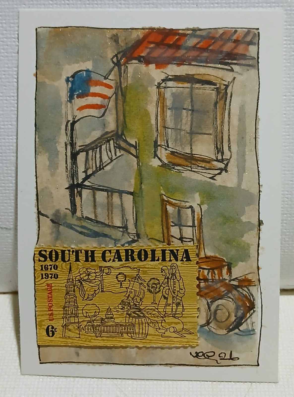 Postal Whimsy South Carolina ACEO — OOAK Sepia Buildings with 6¢ 1968 Stamp