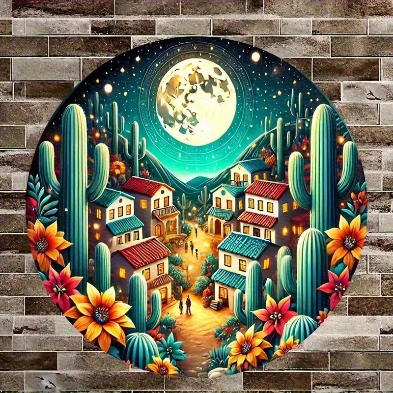 7.87inch Round Southwest Desert Night Scene Wall Art with Cactus and Moon