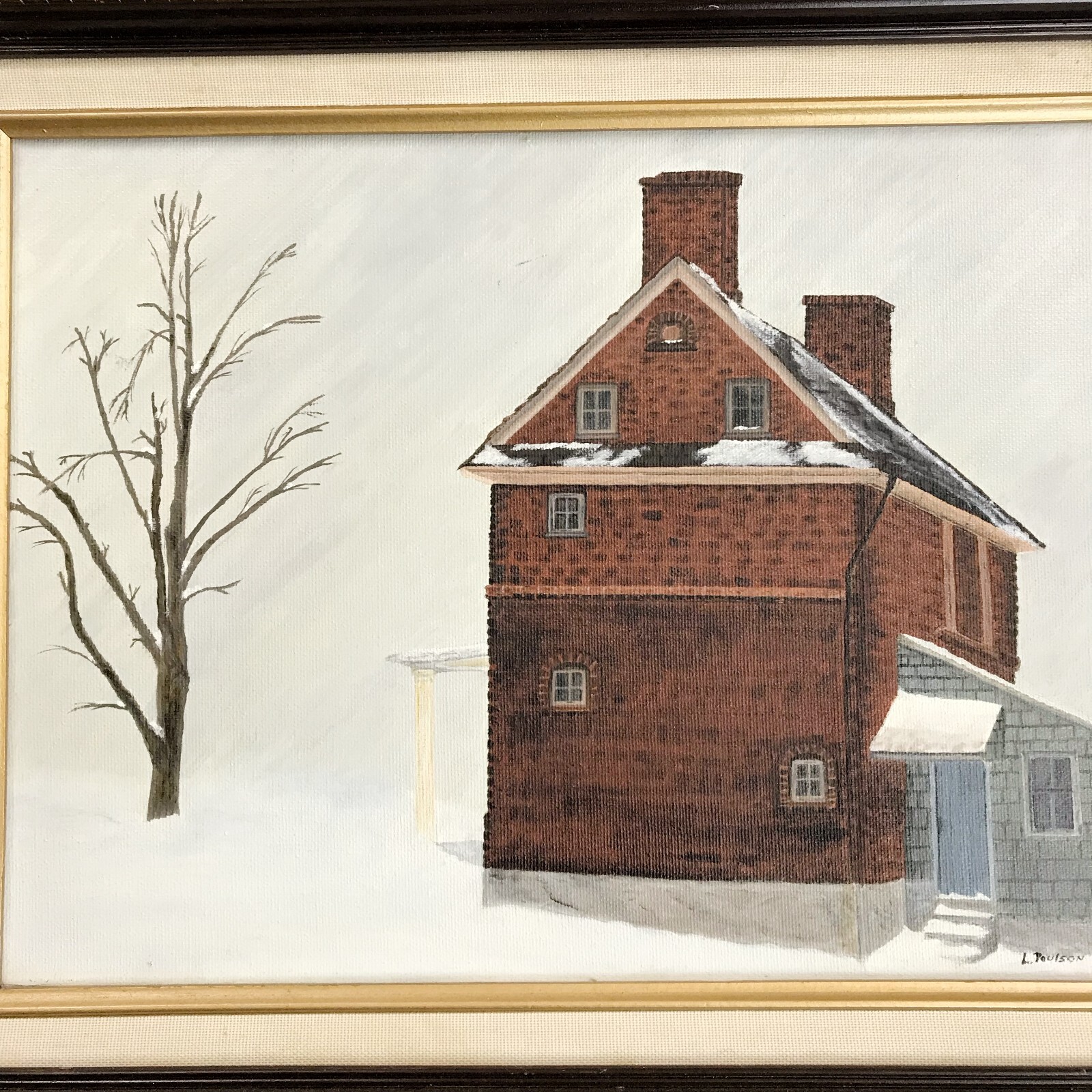 L. PAULSON Original Painting Winter Brick House 18×22 VTG Art Work Framed