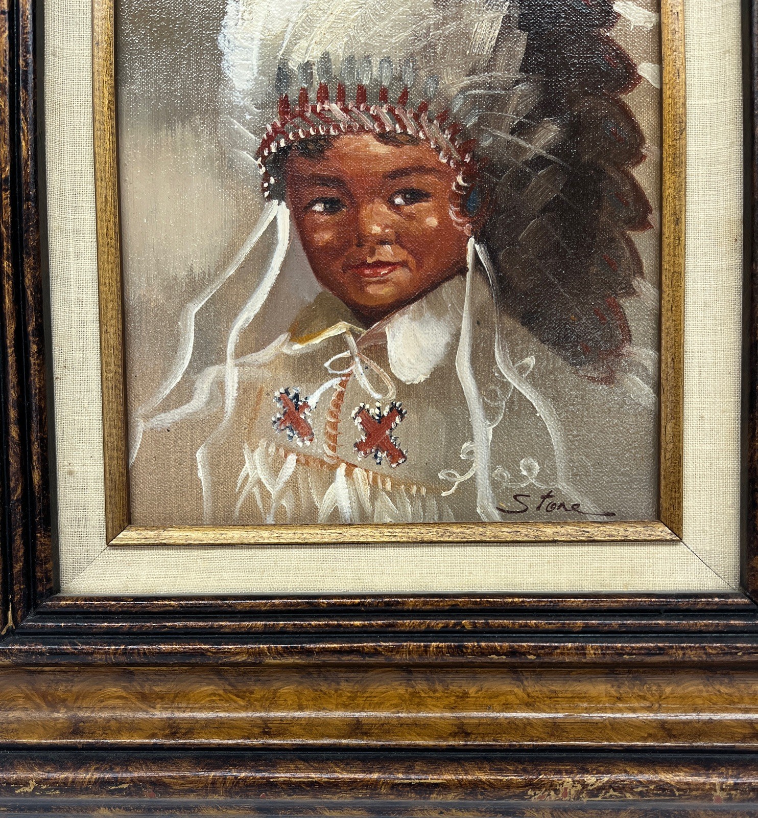 Vtg Original Native American Indian Boy in Headdress Canvas Oil Painting -Stone