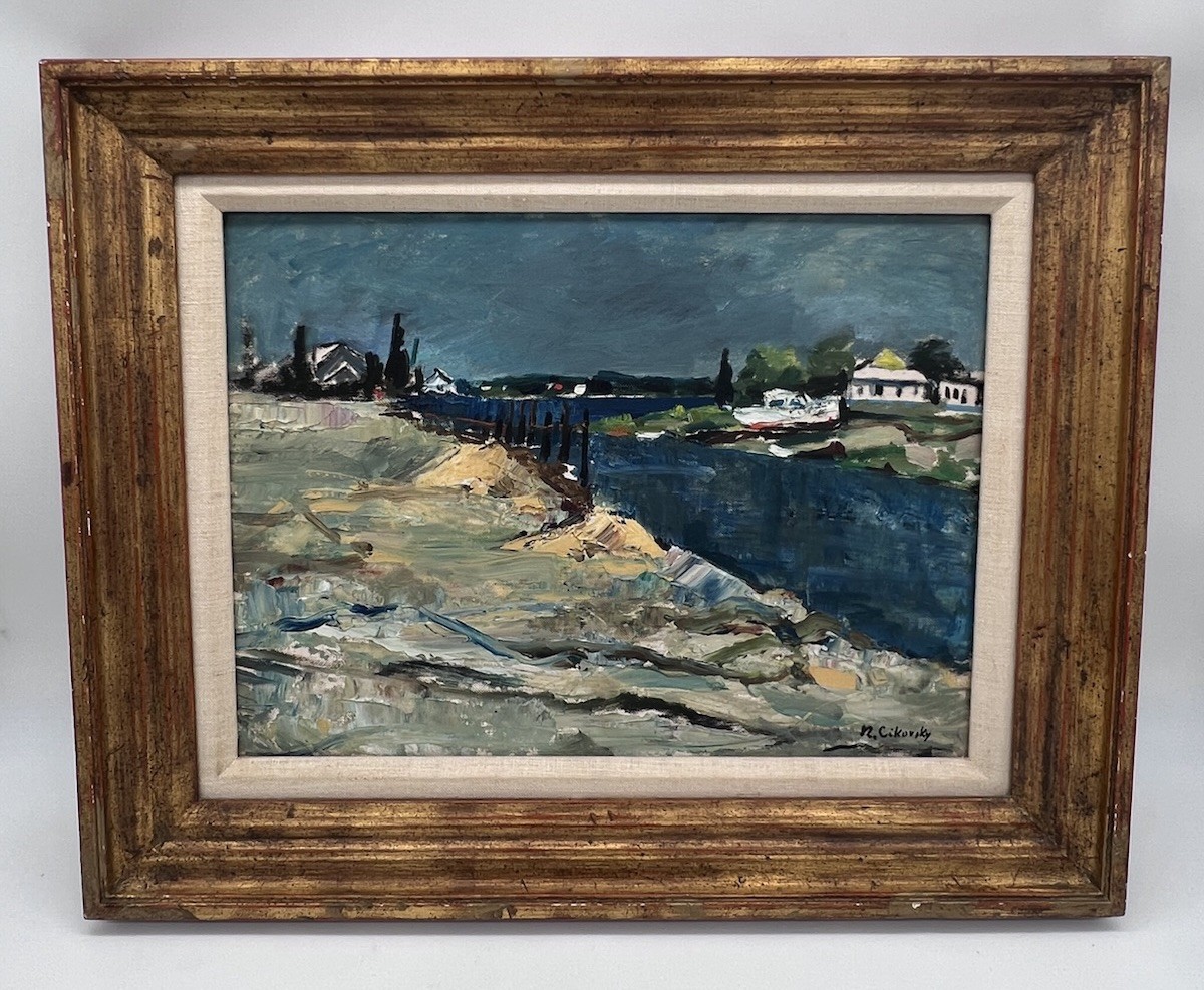NICOLAI CIKOVSKY 1894-1984 Oil Painting Seaside Coastal Town Framed 21×17”