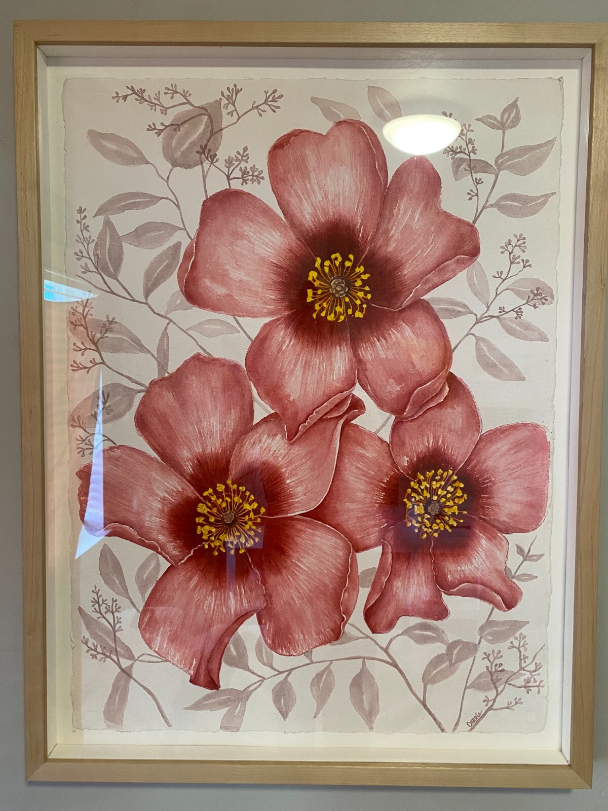 Pink Poppies – Original Watercolor Art, signed and framed 36″X24″