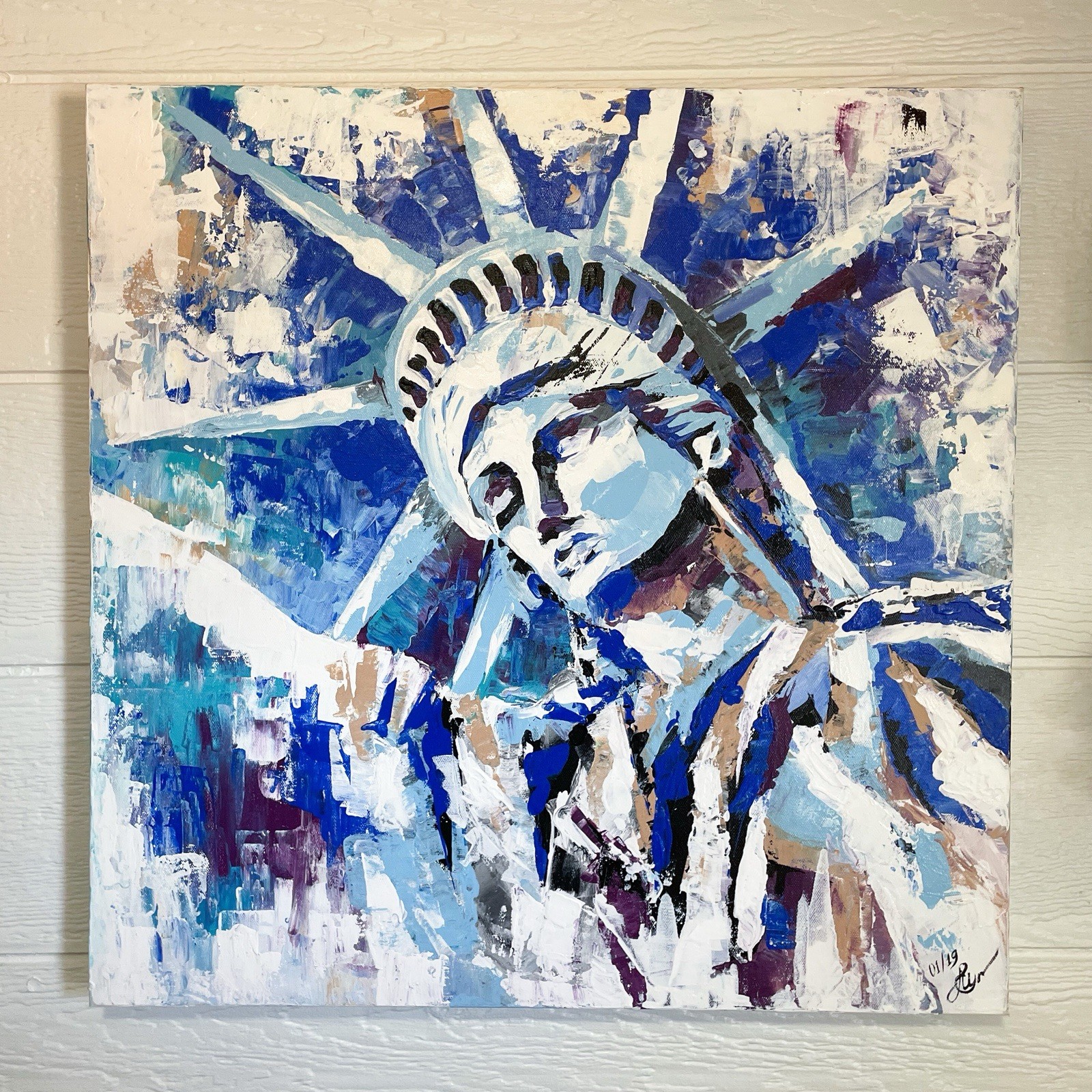 Statue of Liberty Original Painting 24×24” Abstract NYC Wall Art, USA Decor