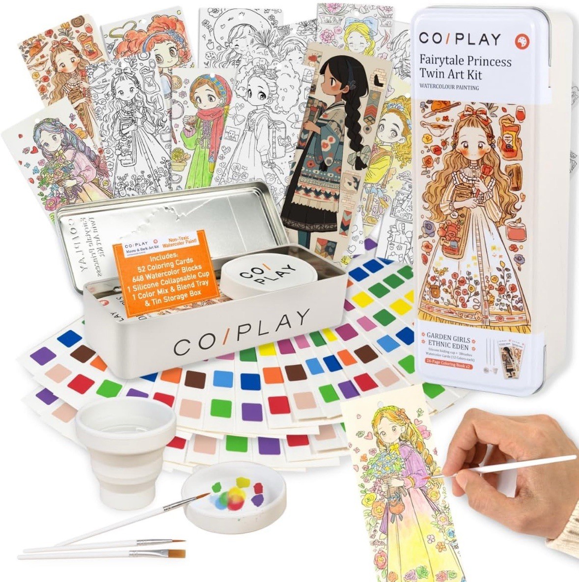 COIPLAY 648 Color Blocks Watercolor Paint Set, 52-Bookmarks, 3 Brushes, Silicone