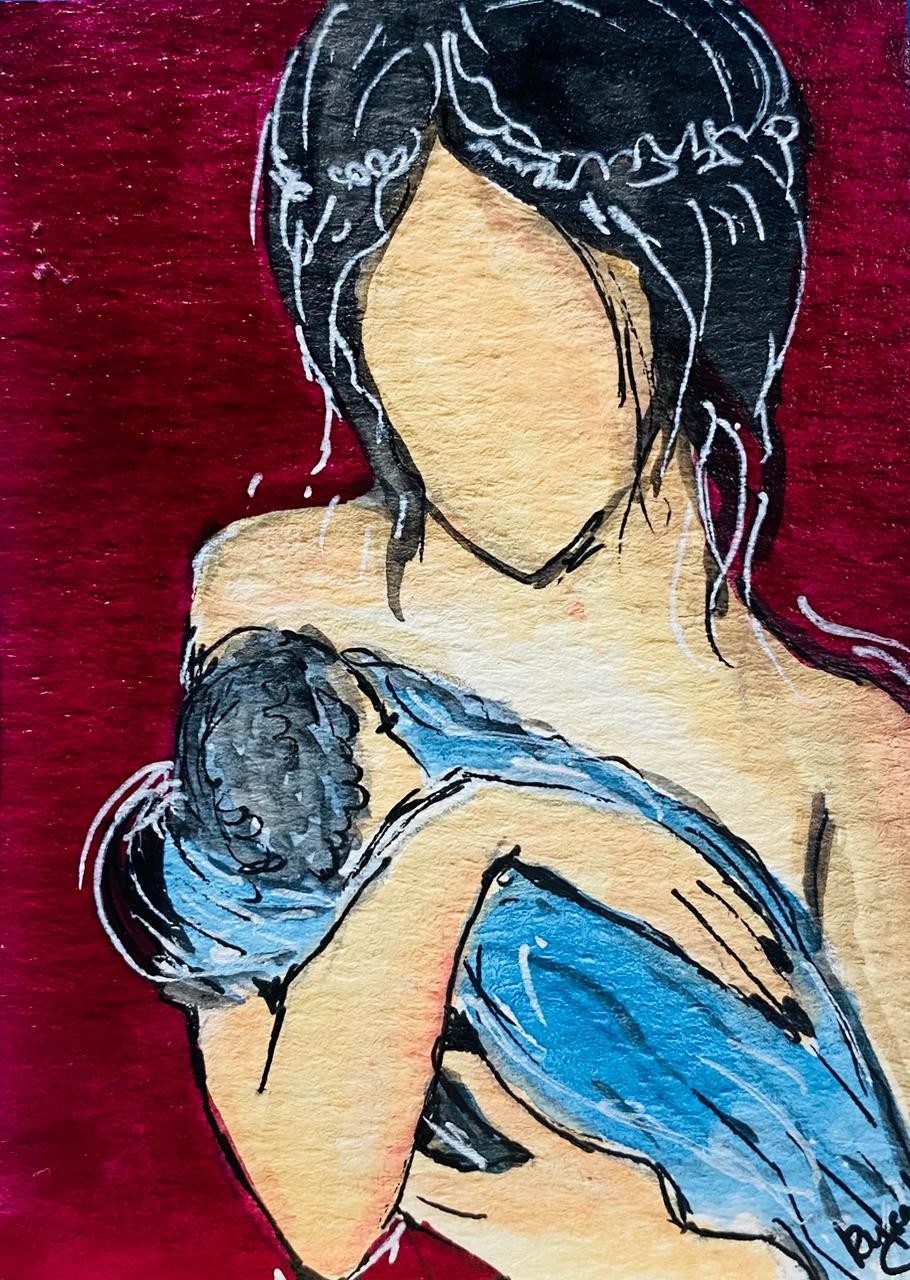 Mother Baby Breastfeeding ACEO Painting Outsider Folk Art Orig Signed Card New