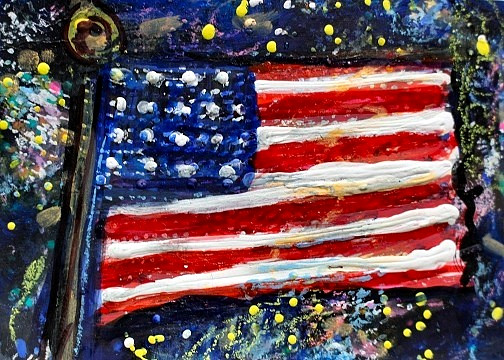 ACEO Original Painting USA FIREWORKS Summer Night American Flag July 4 ATC ART