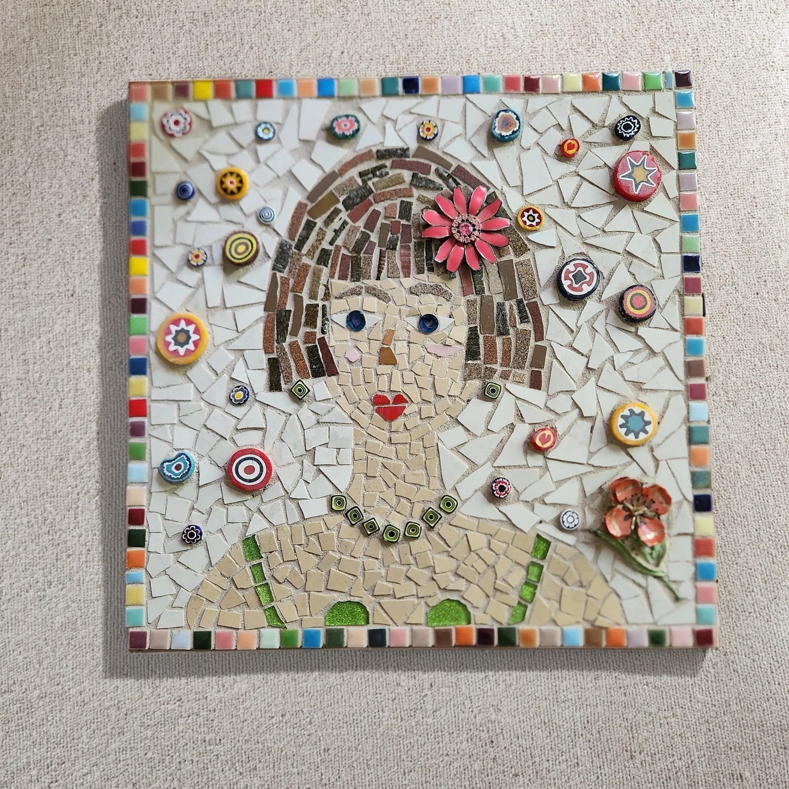 13×13″ Handmade Mosaic Portrait Wall Art, Colorful Folk Art Woman Tile Panel