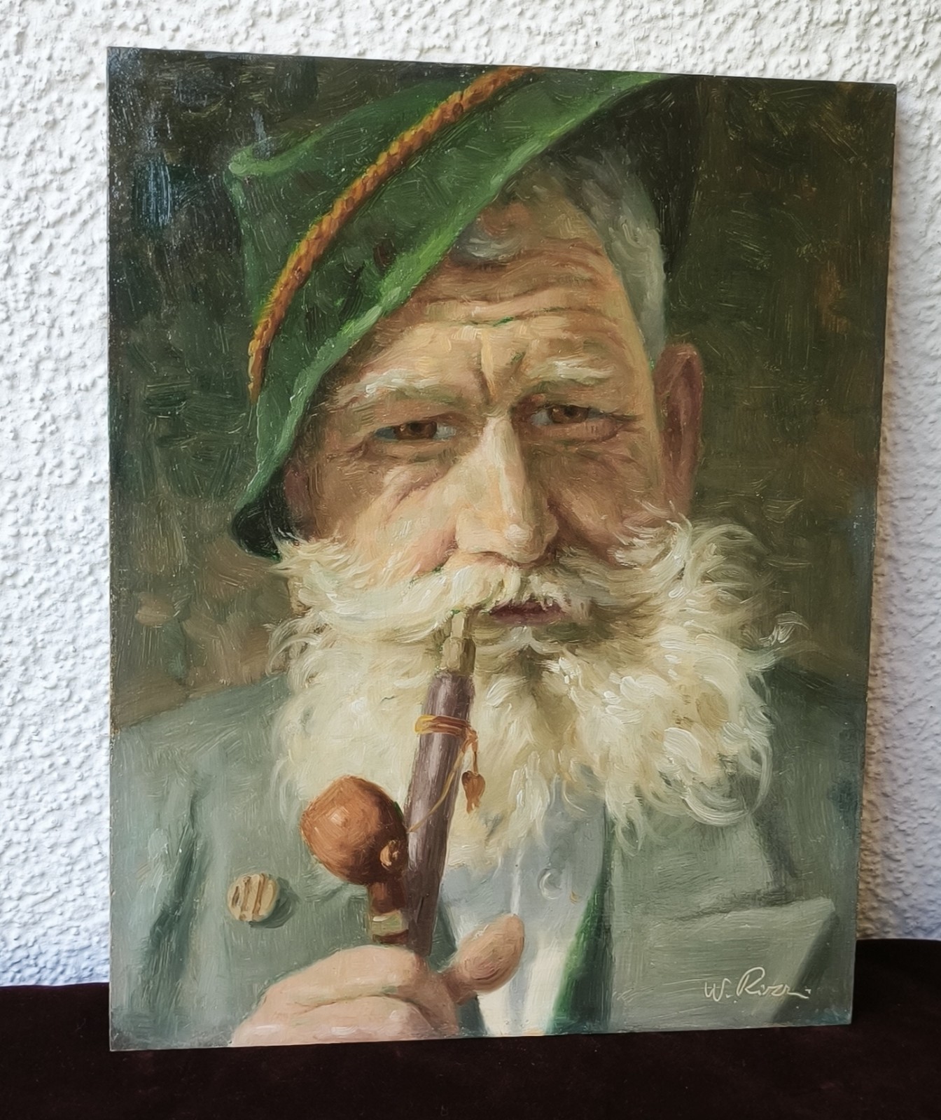 Vintage Bavarian Hunter Portrait Oil Painting on Wood Panel.