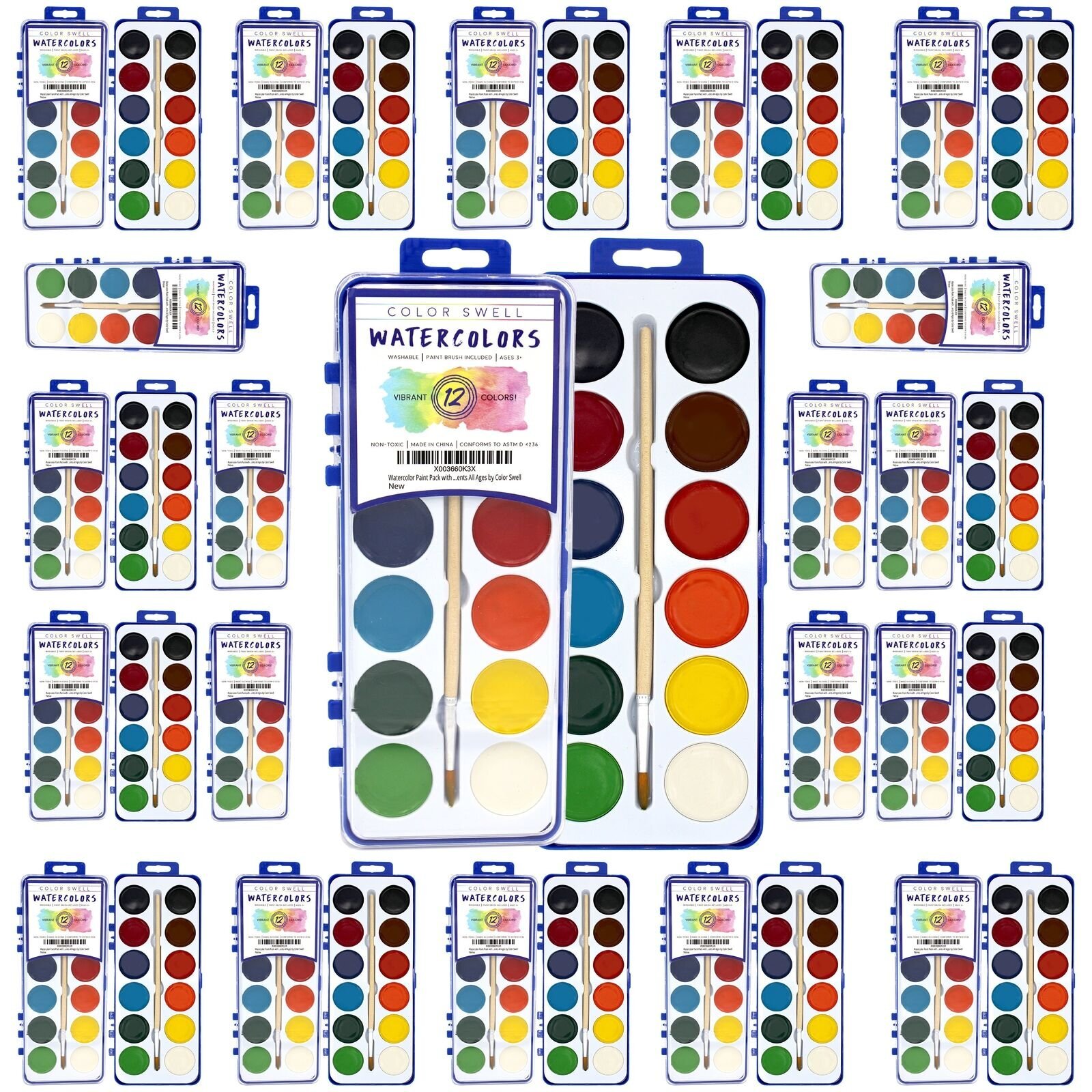 36 Set Bulk Watercolor Paint Pack with Wood Brushes 12 Washable Colors Perfect f