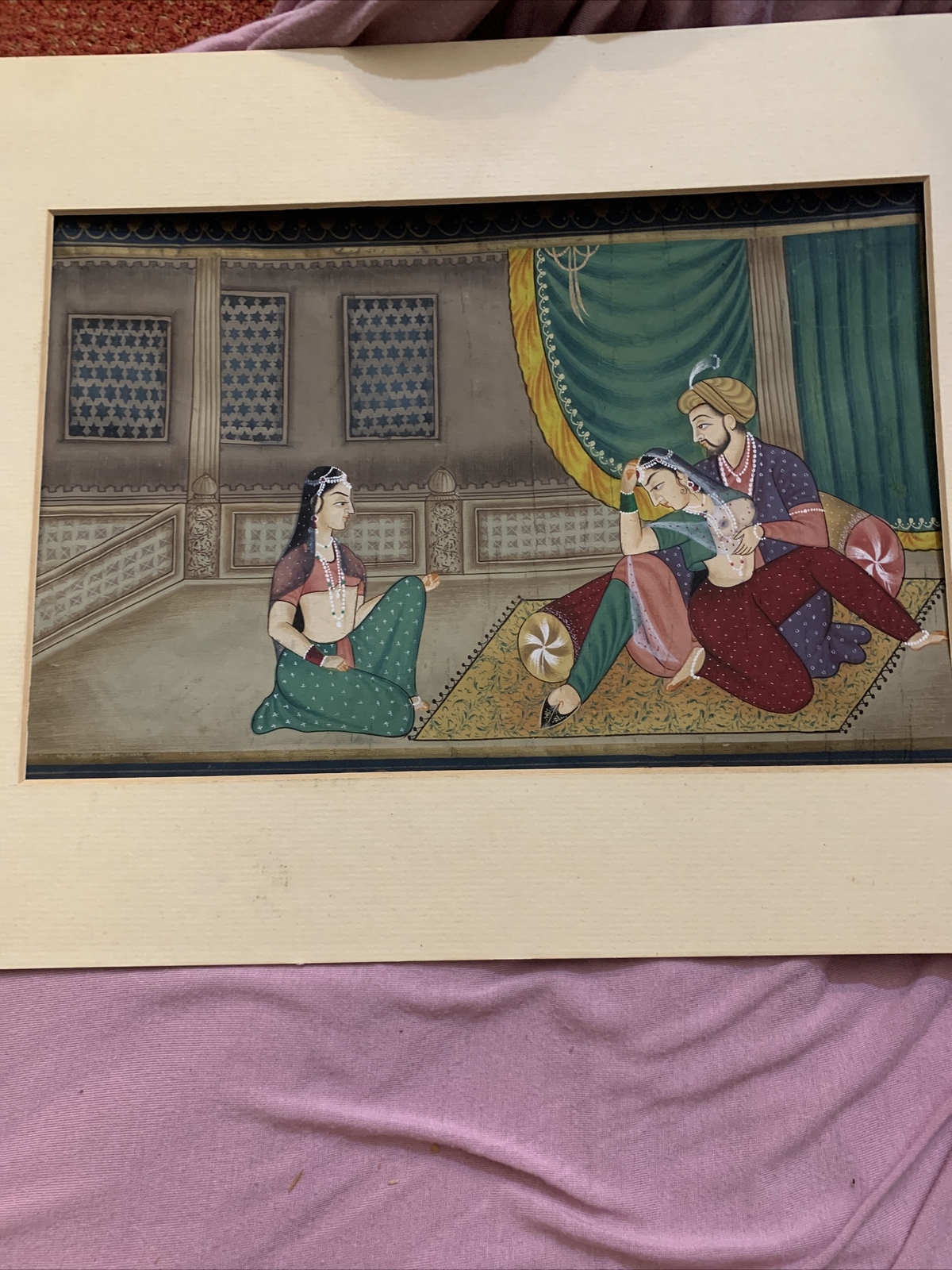 EXOTIC INDIAN PAINTING ON CLOTH MUGHAL HAREM
