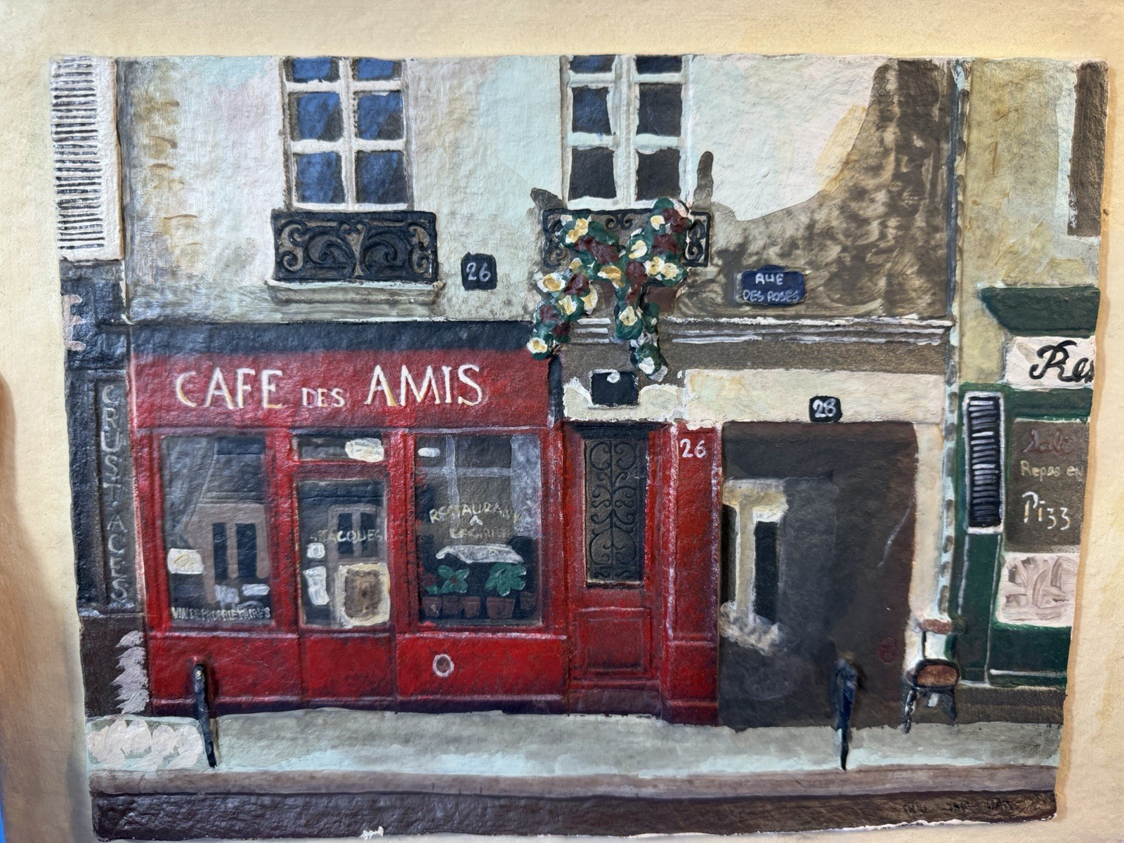 Cafe Des Amis Paris At Christmas Oil Vintage Painting By Chiu Tak Hak B. 1943