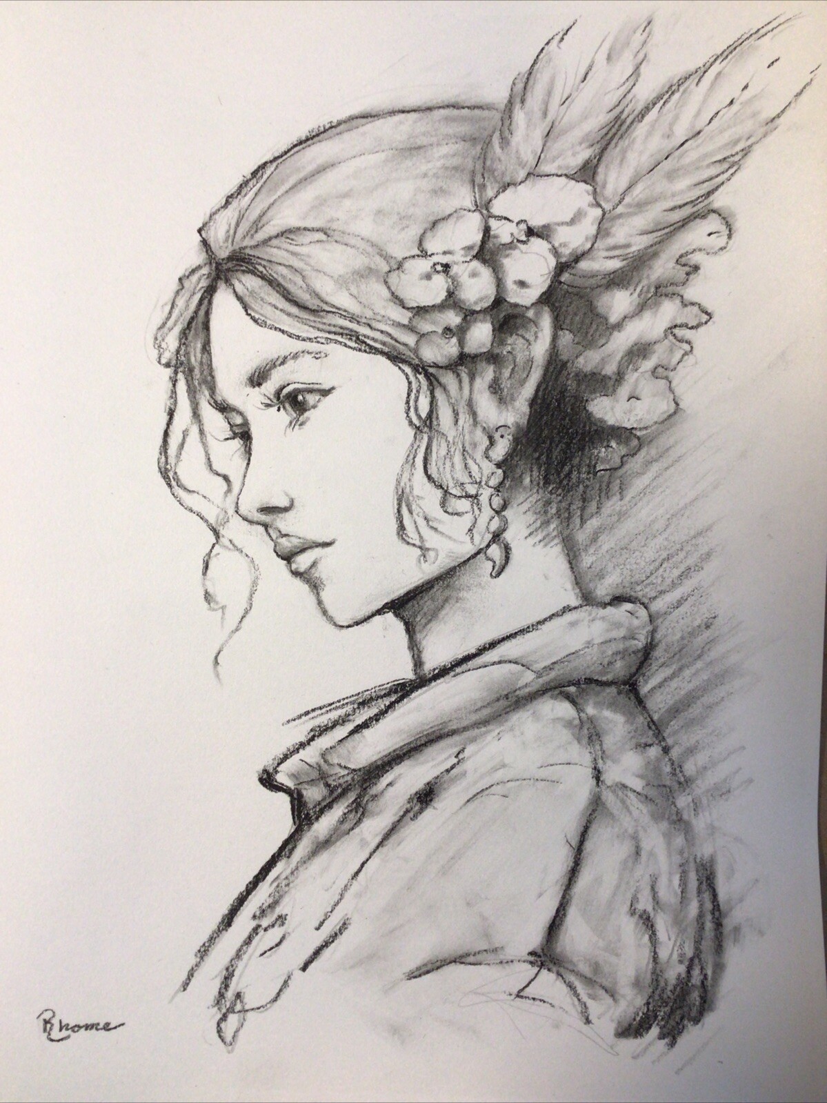 Original Charcoal And Graphite Sketch, 9×12 Inches, Woman With Feathers