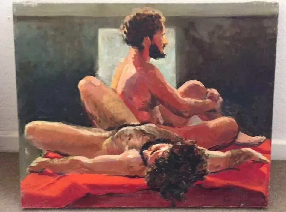 ORIGINAL OIL ON CANVAS PAINTING 2 Men in Bed California Modern Art Gay Interest