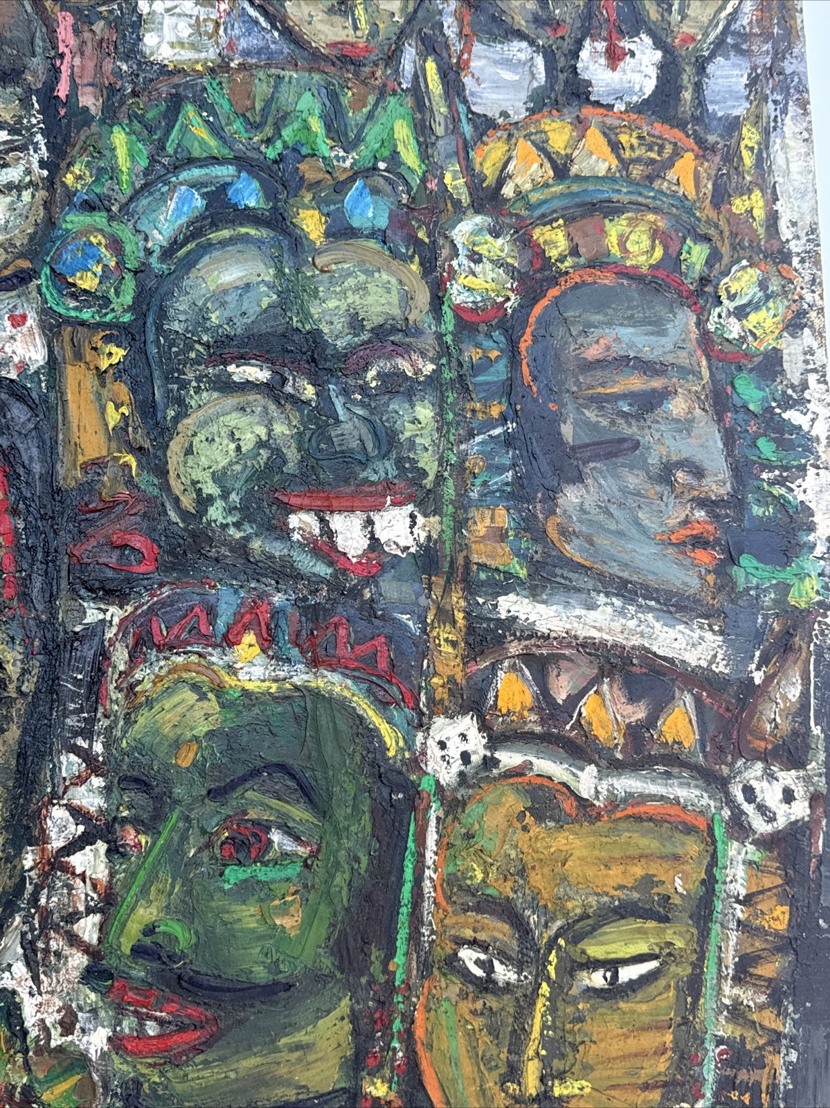 MID CENTURY PAINTING PORTRAIT ABSTRACT MODERNIST FACES HEADS ASIA INDIA MYSTERY