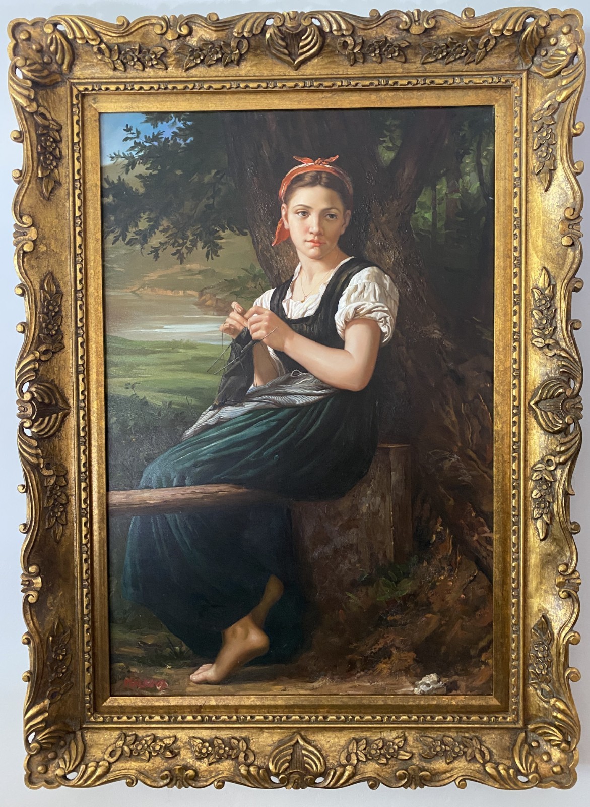 Very large oil painting -A beautiful lady knitting – Hand Carved ornate frame
