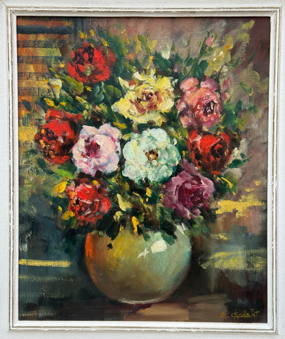 E. CHADELAT VINTAGE OIL PAINTING VASE WITH FLOWERS BEAUX ARTS PARIS FRANCE FRAME