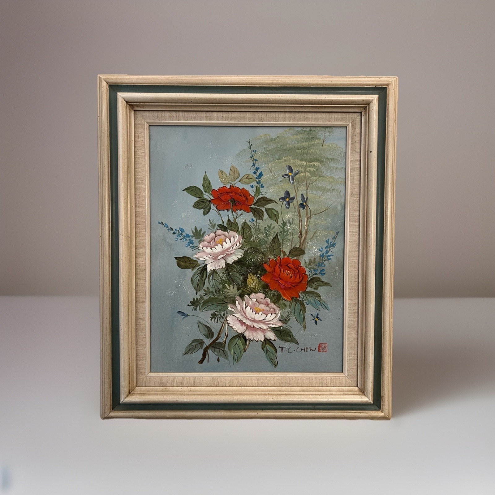 Authentic Peony Chinoisorie Painting By TC Chow Original Framed Realism