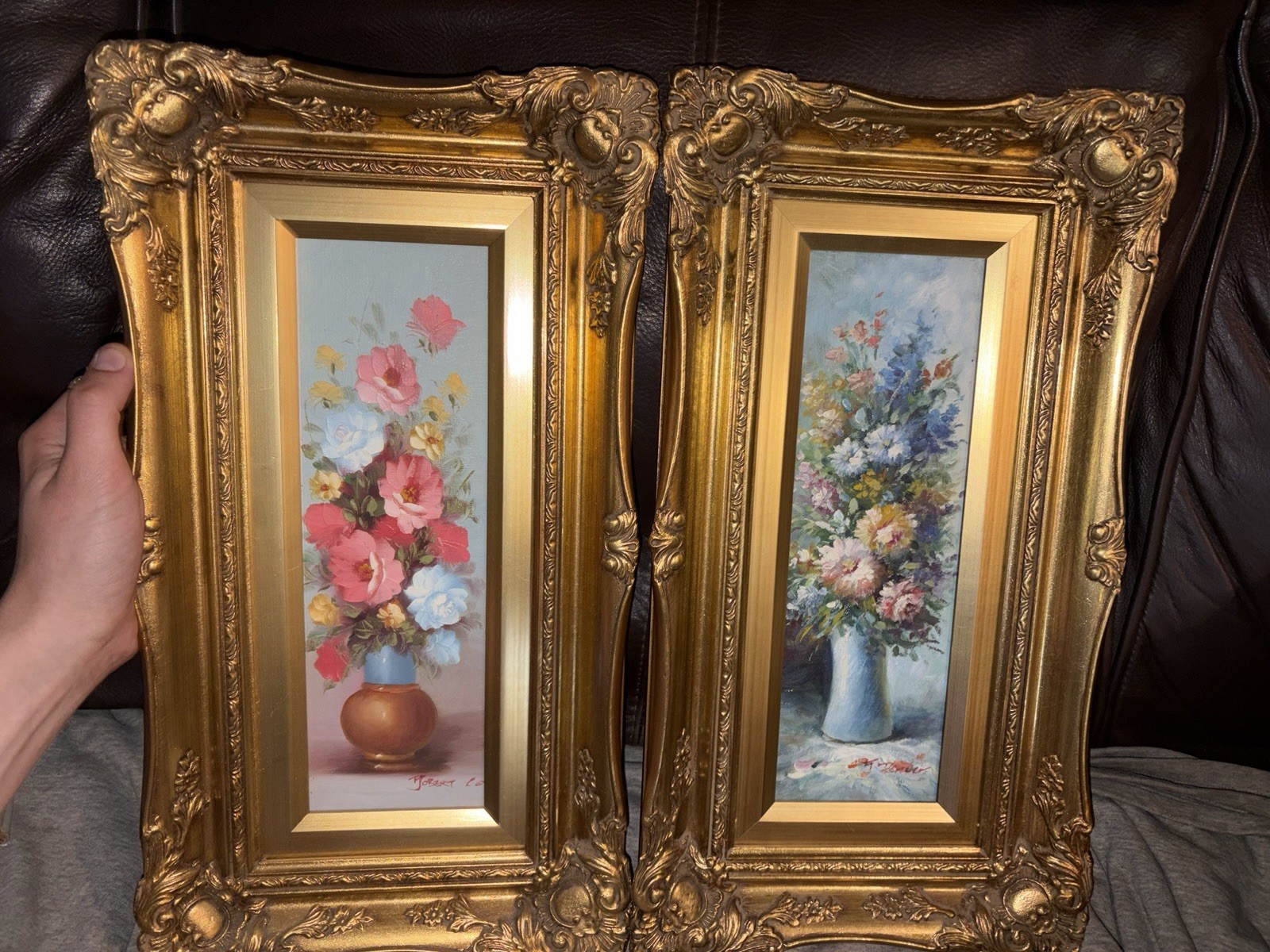 Robert Cox Original Oil Painting Flowers Vase Signed Gold Frame Vintage Pair