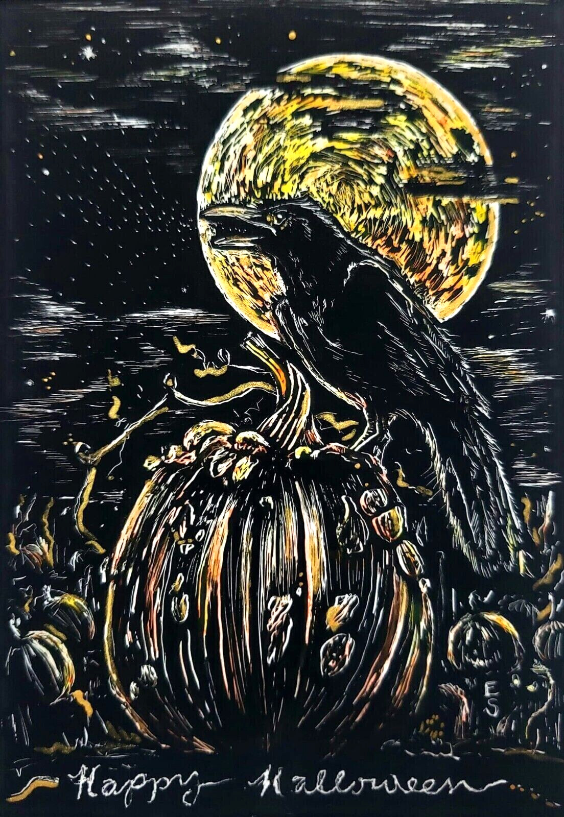 ACEO Original Halloween Raven Warty Pumpkin Moon Autumn Scratchboard E SOLLE