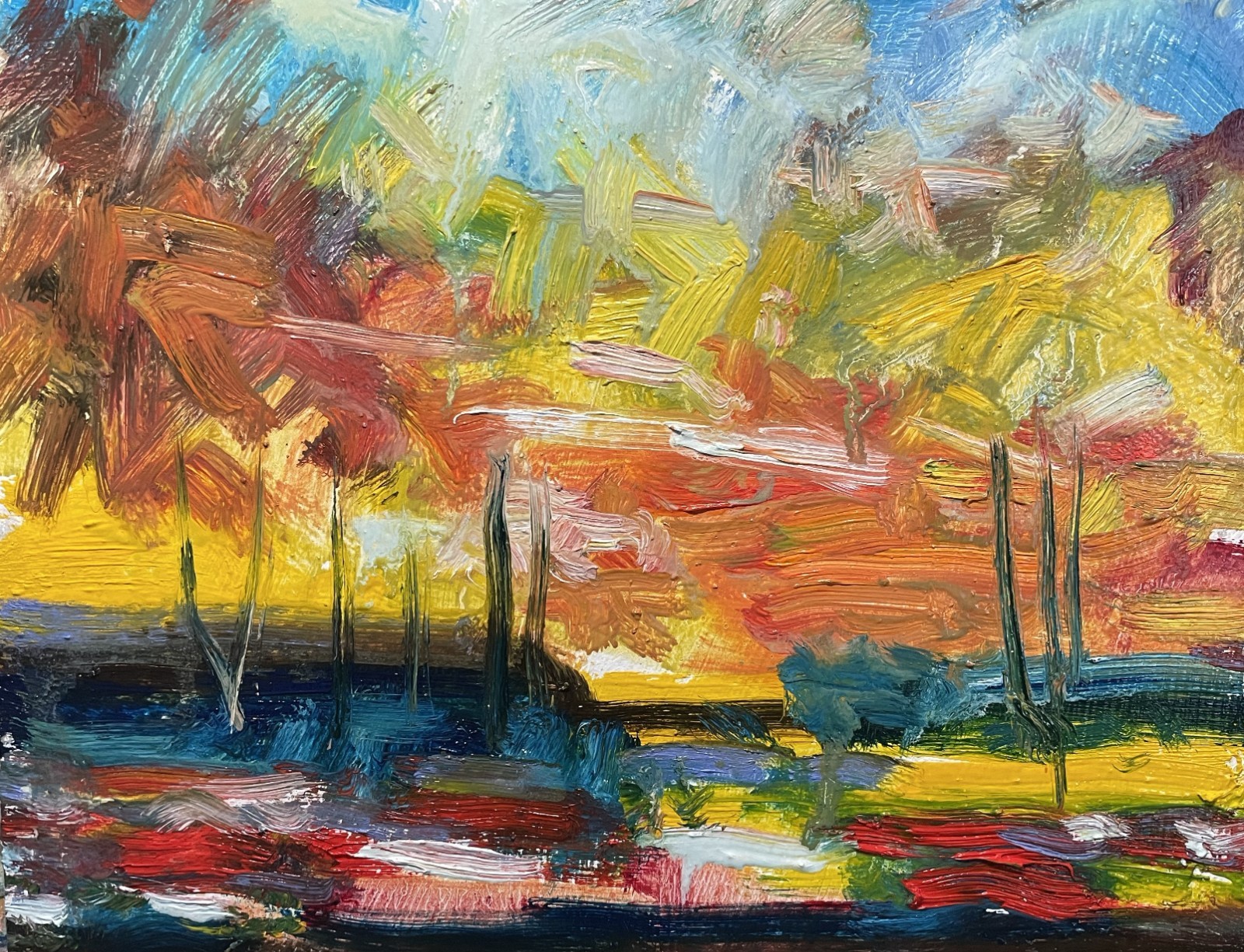 Vibrant Impressionist Landscape Oil Painting Wood Panel Textured Palette Knife