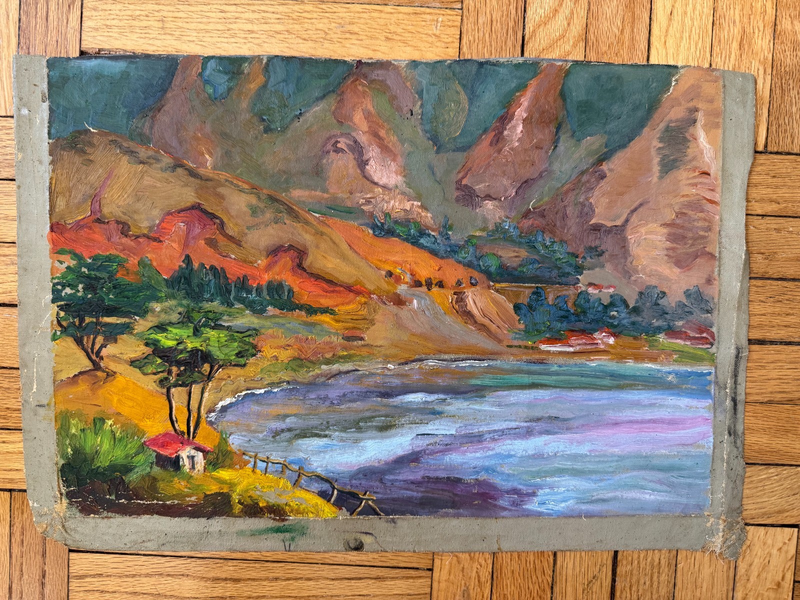 Vintage 1930s Oil on Canvas Landscape Colorful Harbor 12×17 Jean Schweckler
