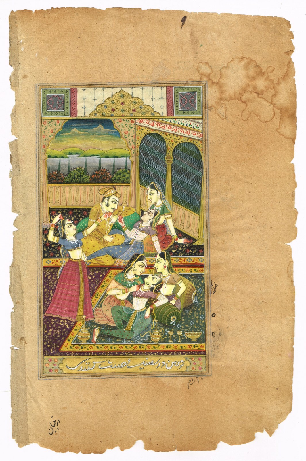 Mughal Miniature Painting Of Indian Harem Scene Vintage Art On Paper 7×10.5 Inch